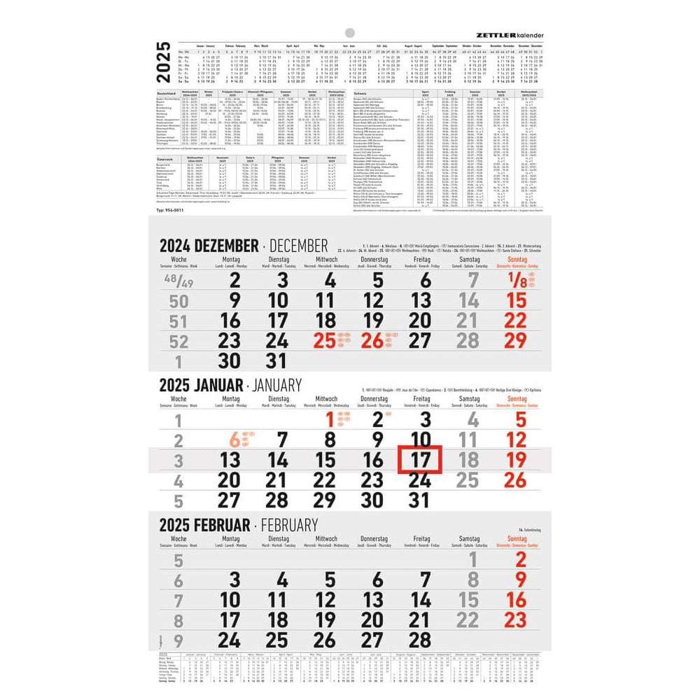 ZETTLER Wandkalender 2025 3 Monate Planer schwarz rot we...