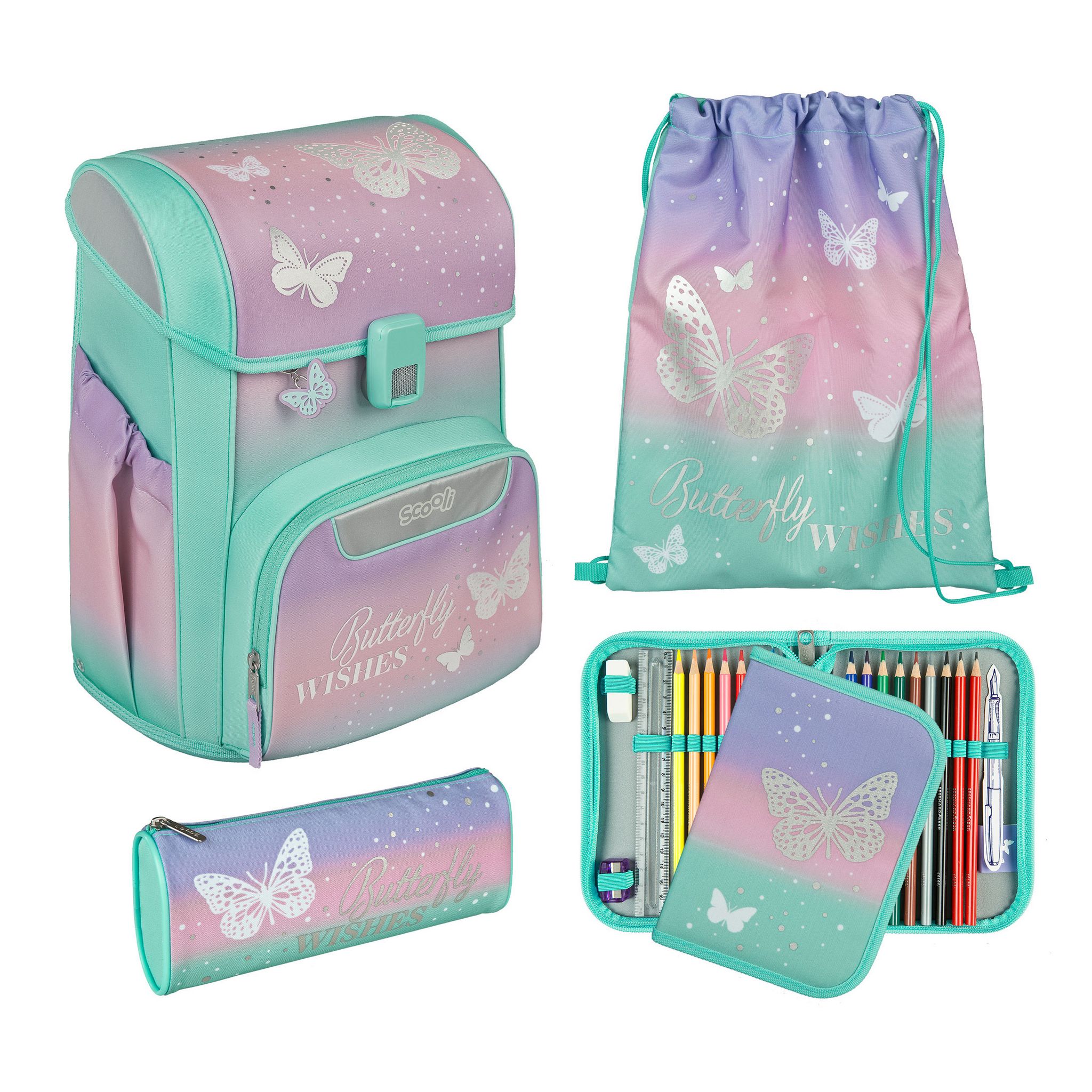 SCOOLI EasyStart Schmetterling Schulranzen Set, 5tlg.