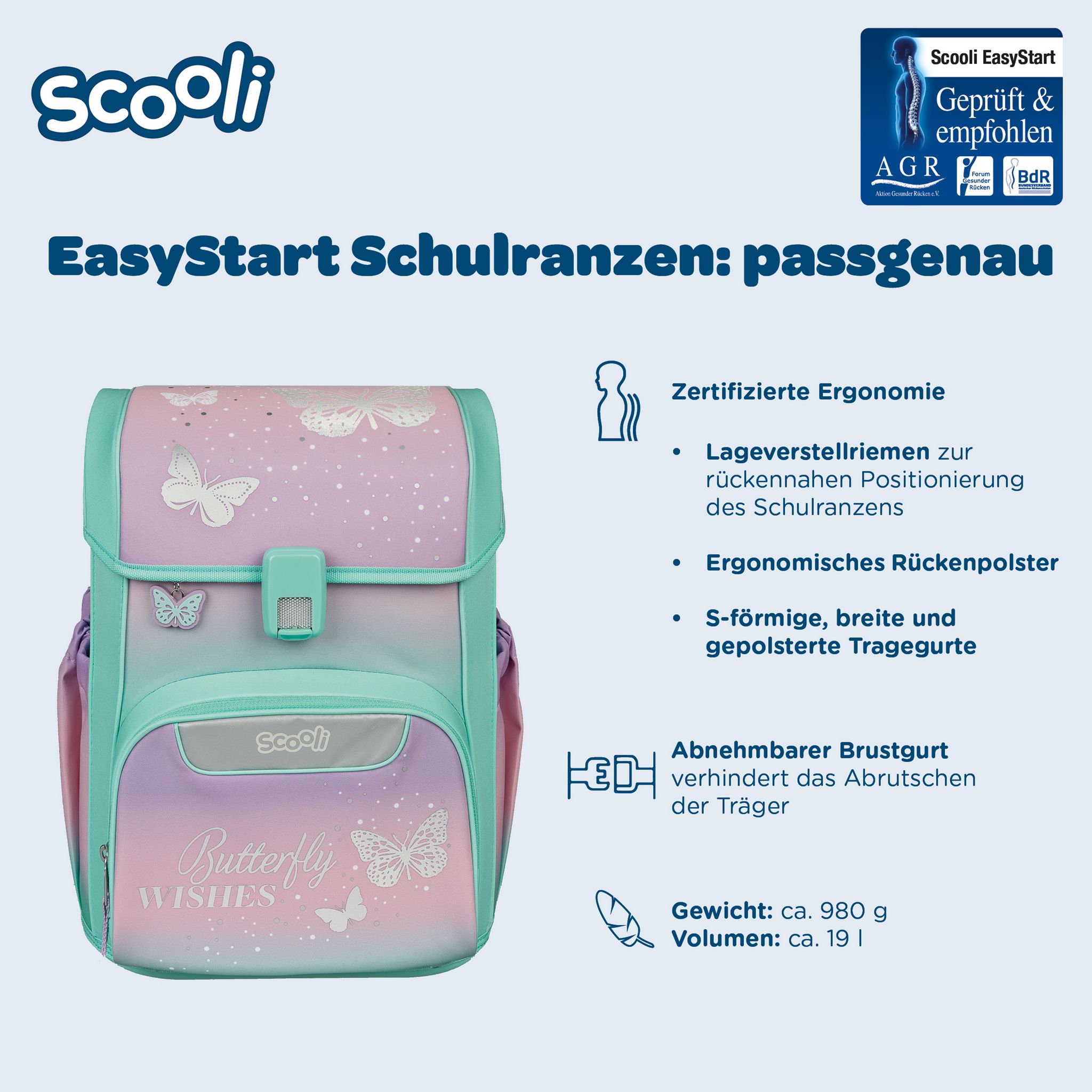 SCOOLI EasyStart Schmetterling Schulranzen Set, 5tlg.