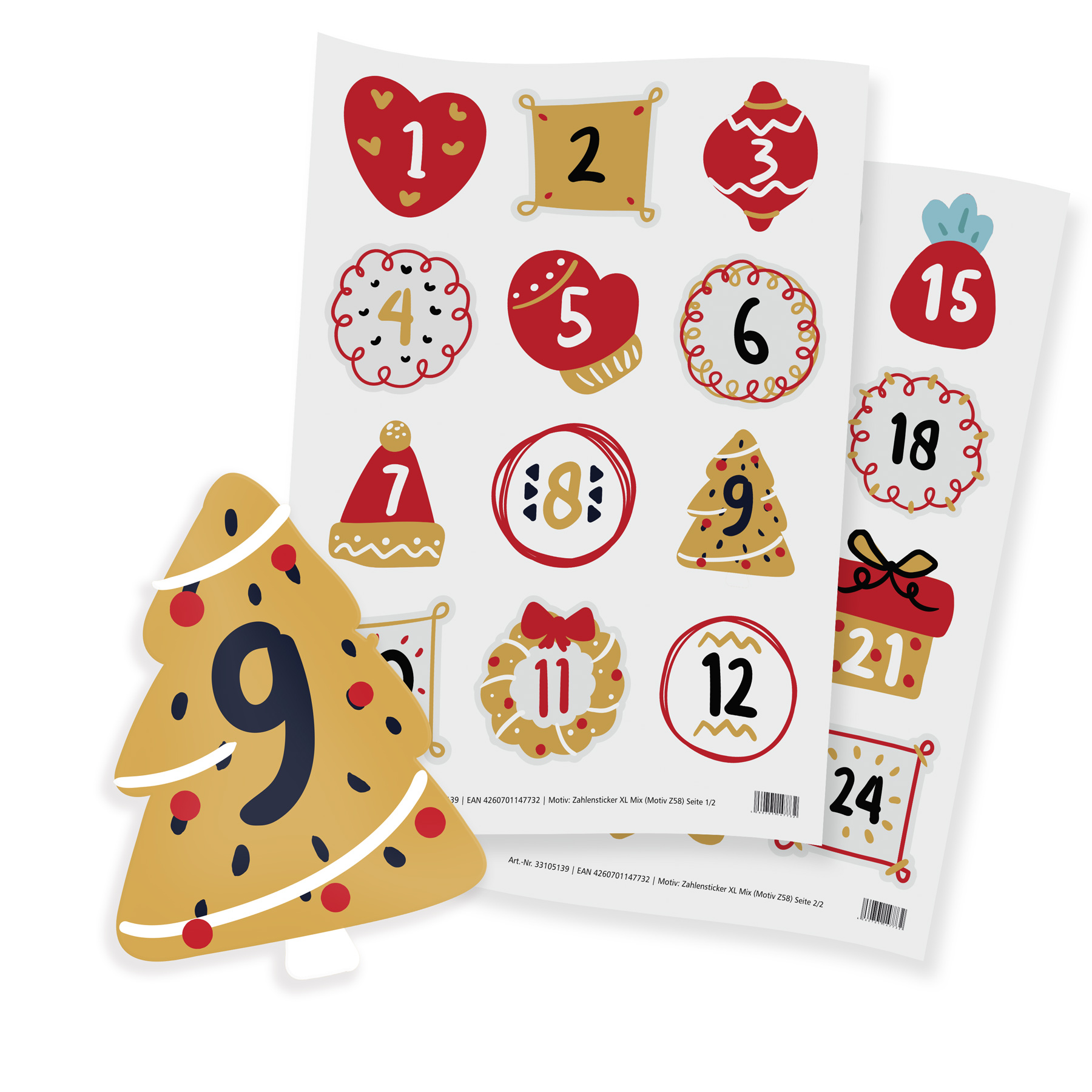 Zahlensticker Z58 Weihnachtsmotive XL Mix 1-24 Grau / Go...