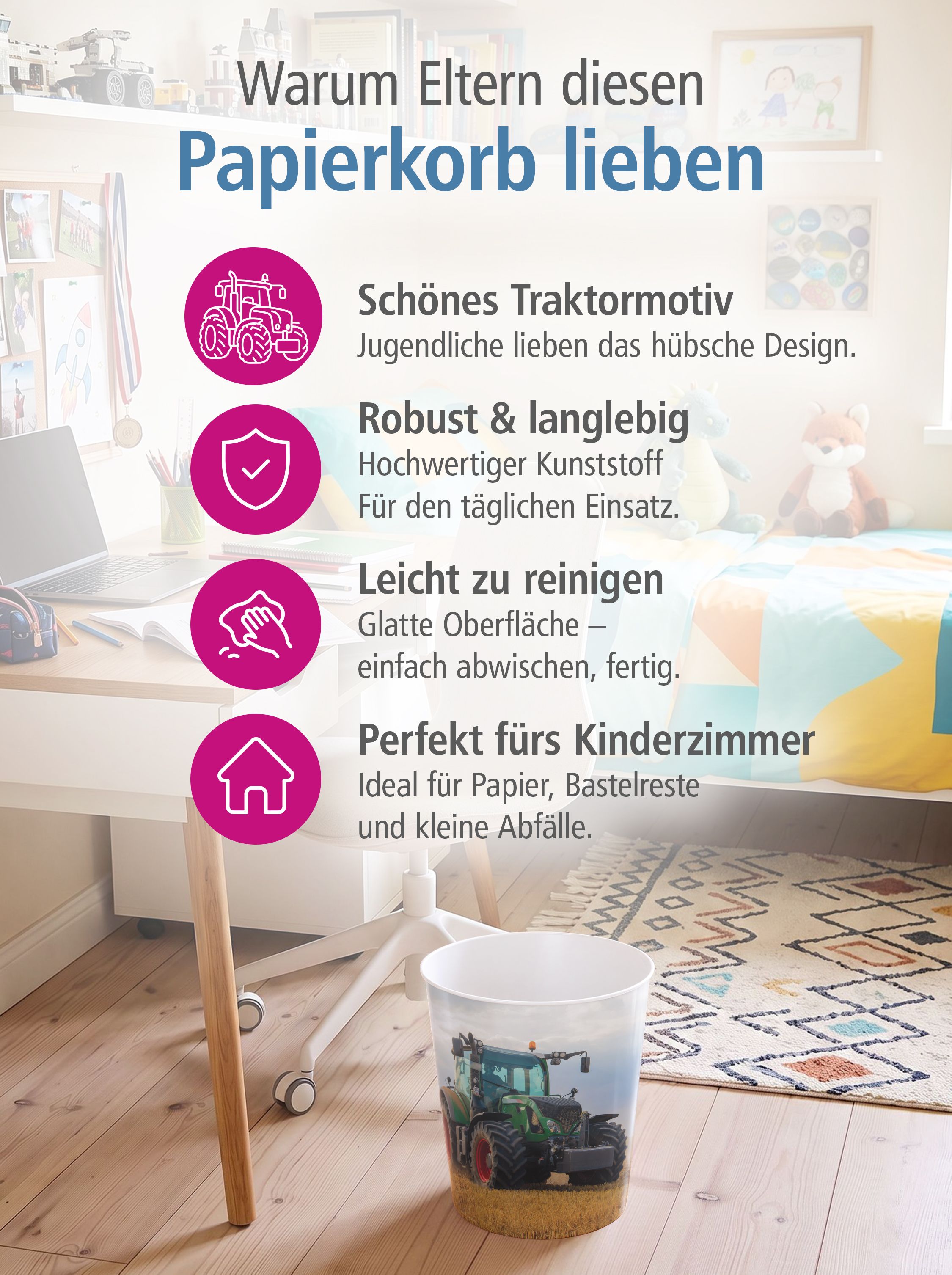 itenga Papierkorb f�r Kinder - Motiv Traktor - ca. 11 Liter