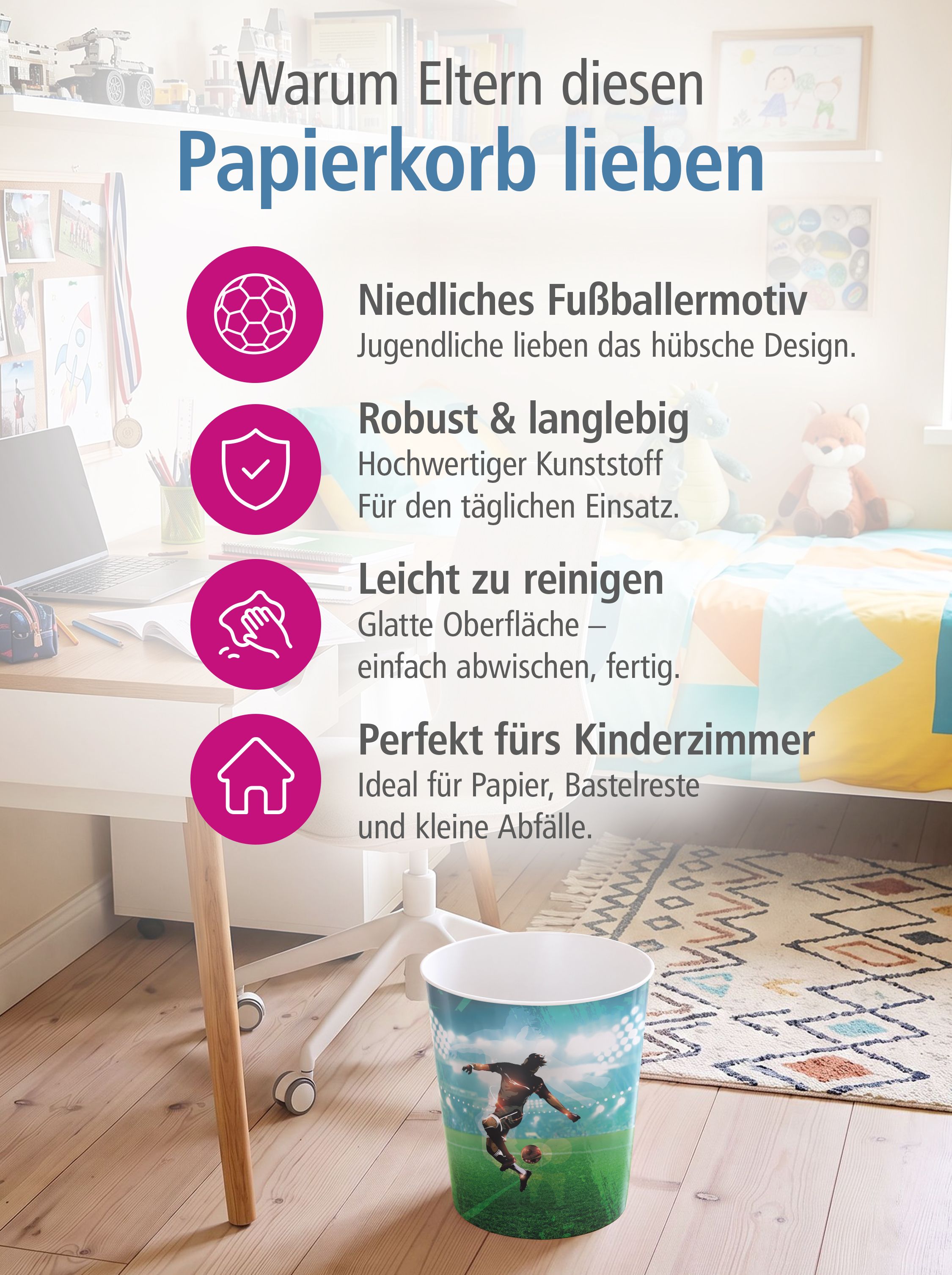 itenga Papierkorb f�r Kinder - Motiv Fu�baller - ca. 11 ...