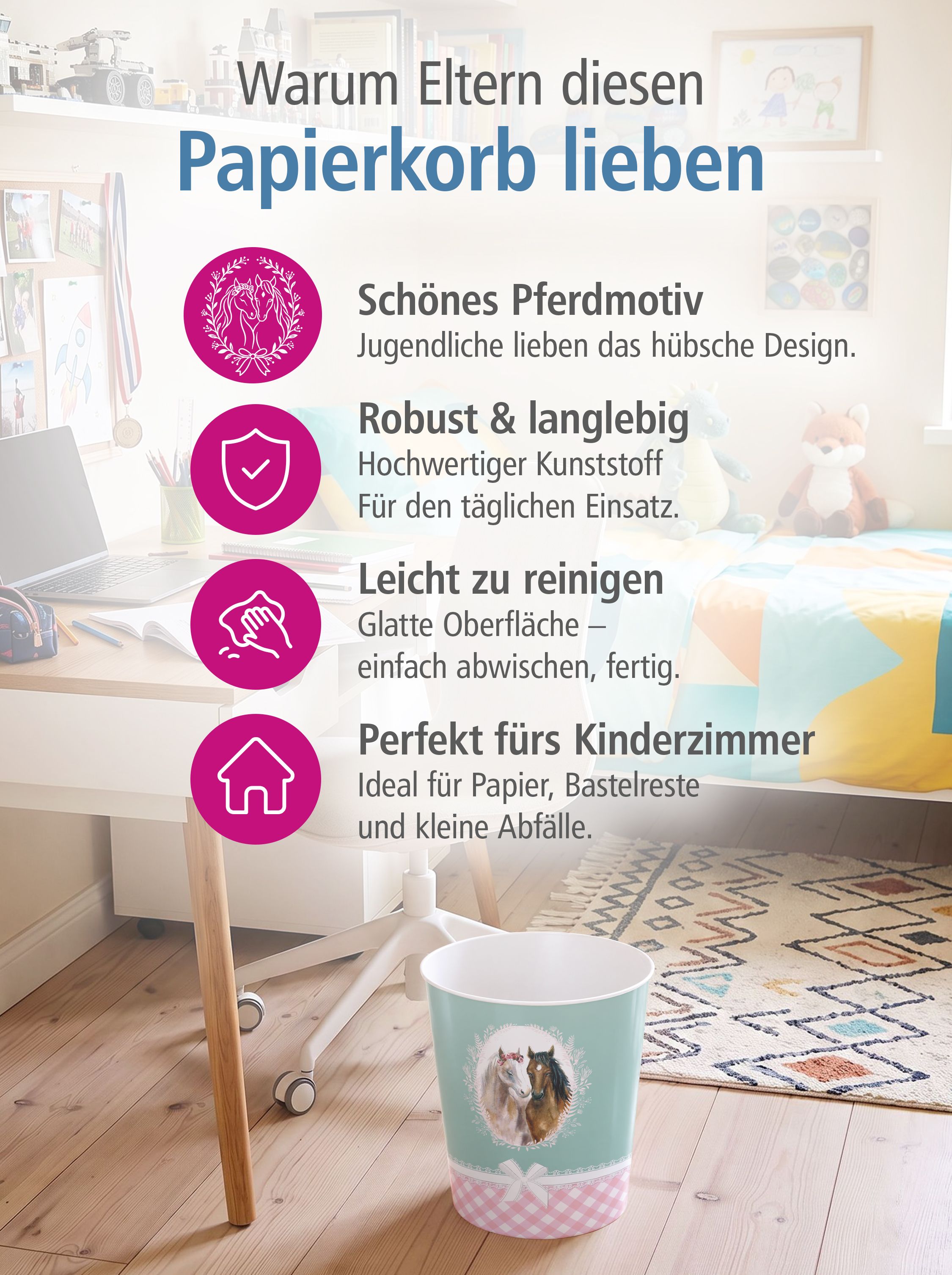 itenga Papierkorb f�r Kinder - Motiv Pferd - ca. 11 Liter