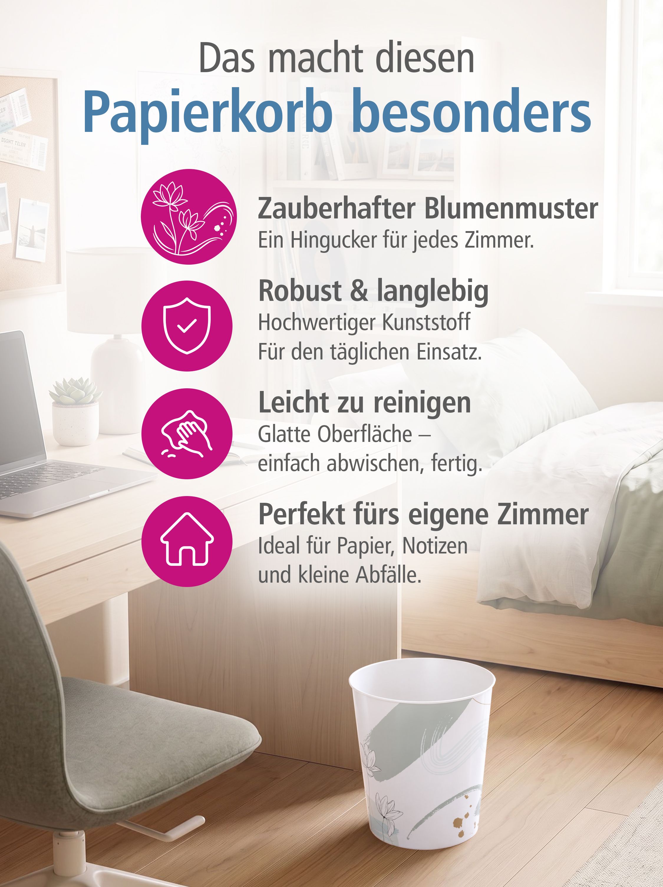 itenga Papierkorb f�r Kinder und Erwachsene - Motiv Blum...