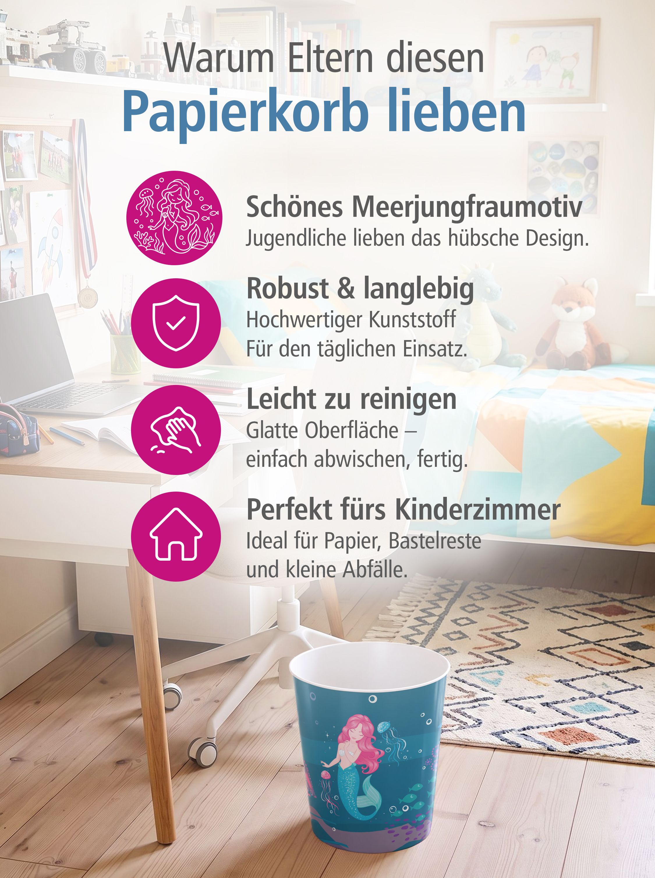 ITENGA Papierkorb f�r Kinder - Motiv Meerjungfrau - ca. ...