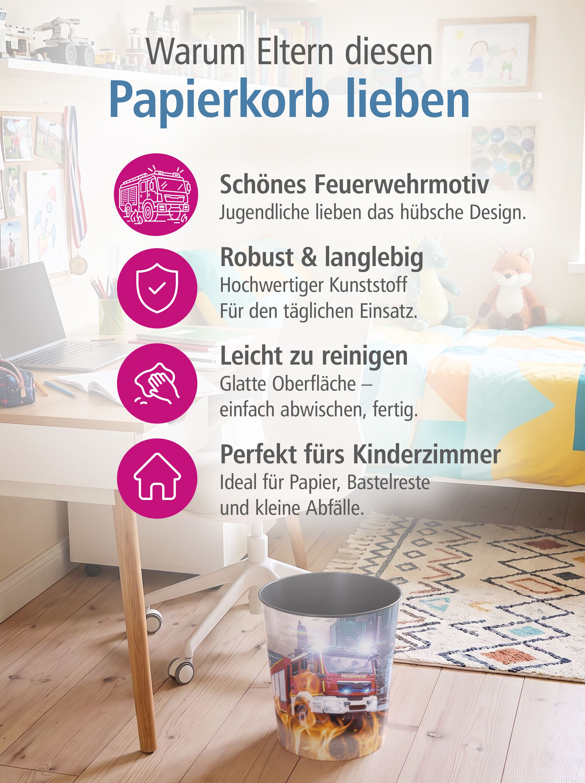 itenga Papierkorb f�r Kinder - Motiv Feuerwehr - ca. 11 ...