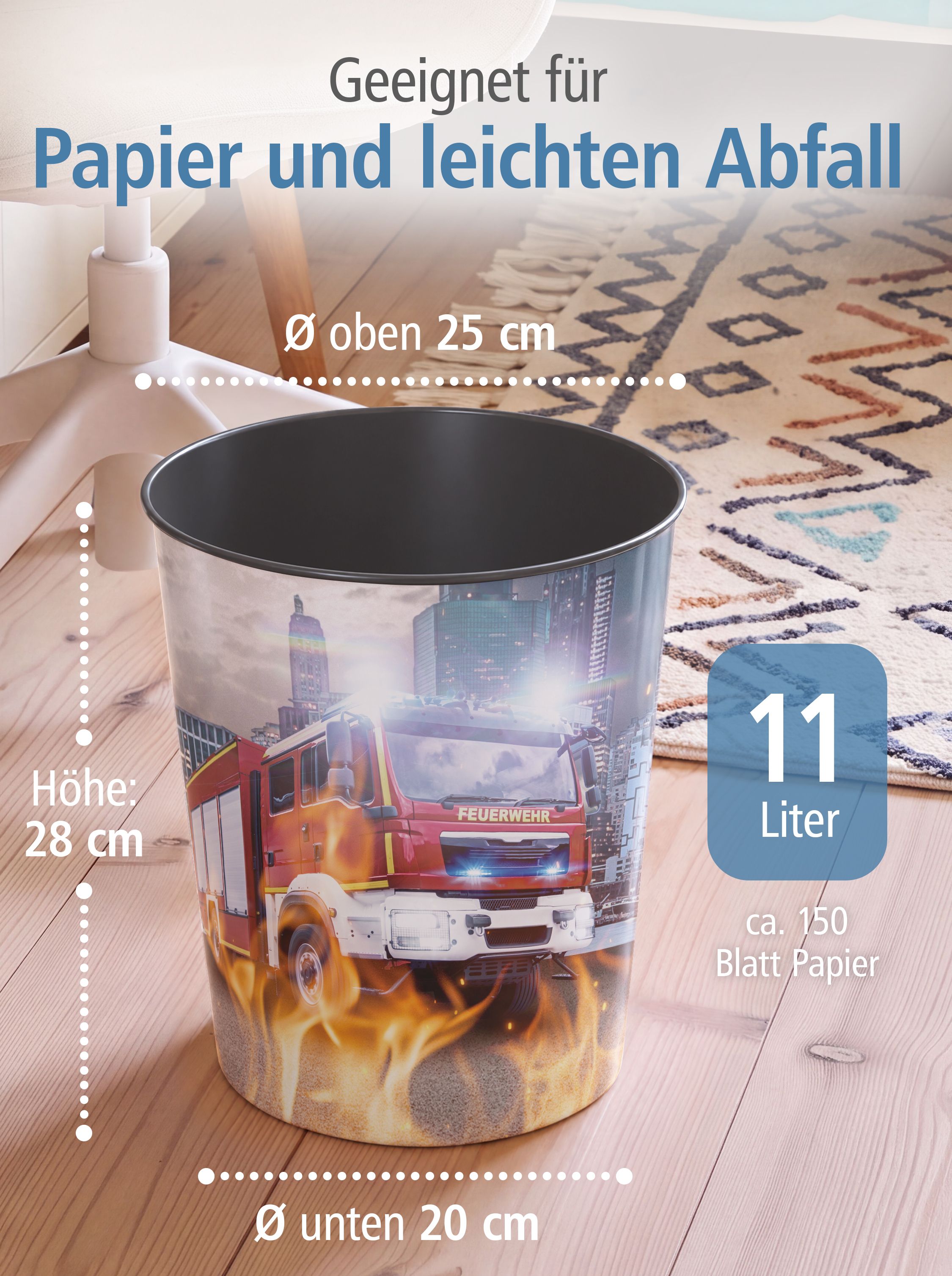itenga Papierkorb f�r Kinder - Motiv Feuerwehr - ca. 11 ...
