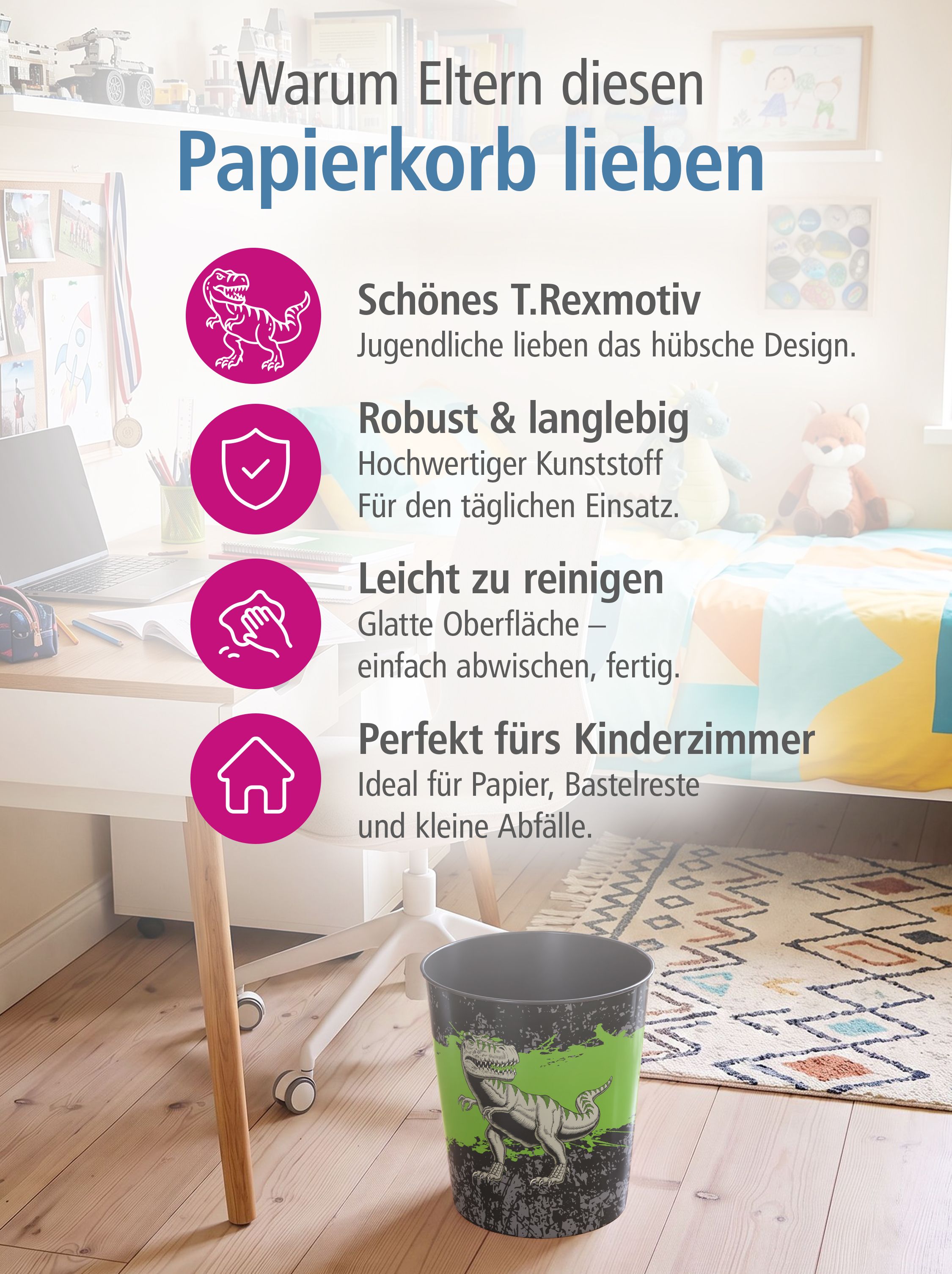 itenga Papierkorb f�r Kinder - Motiv T-REX Dinosaurier -...