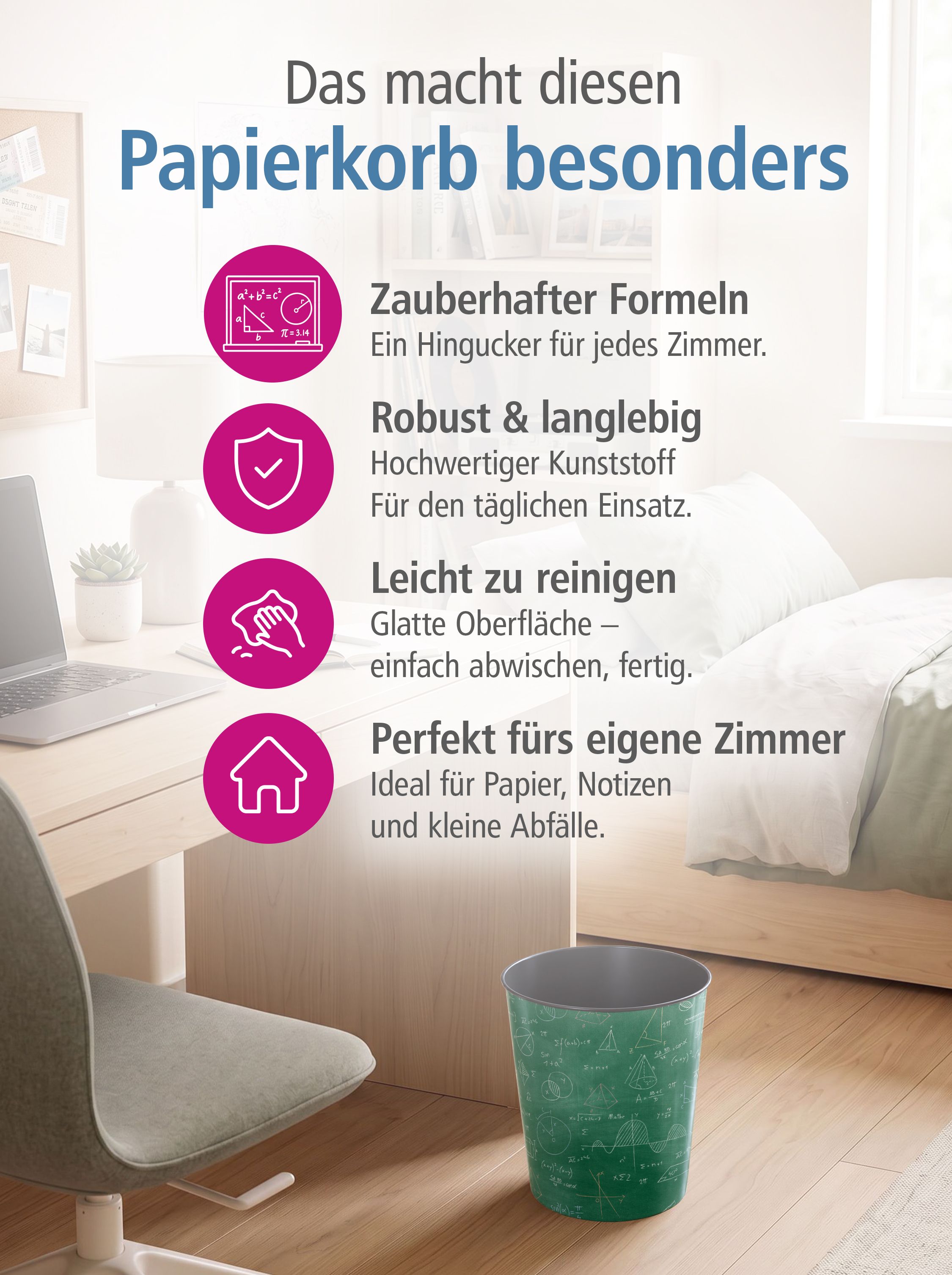 itenga Papierkorb f�r Kinder - Motiv Formeln - ca. 11 Liter