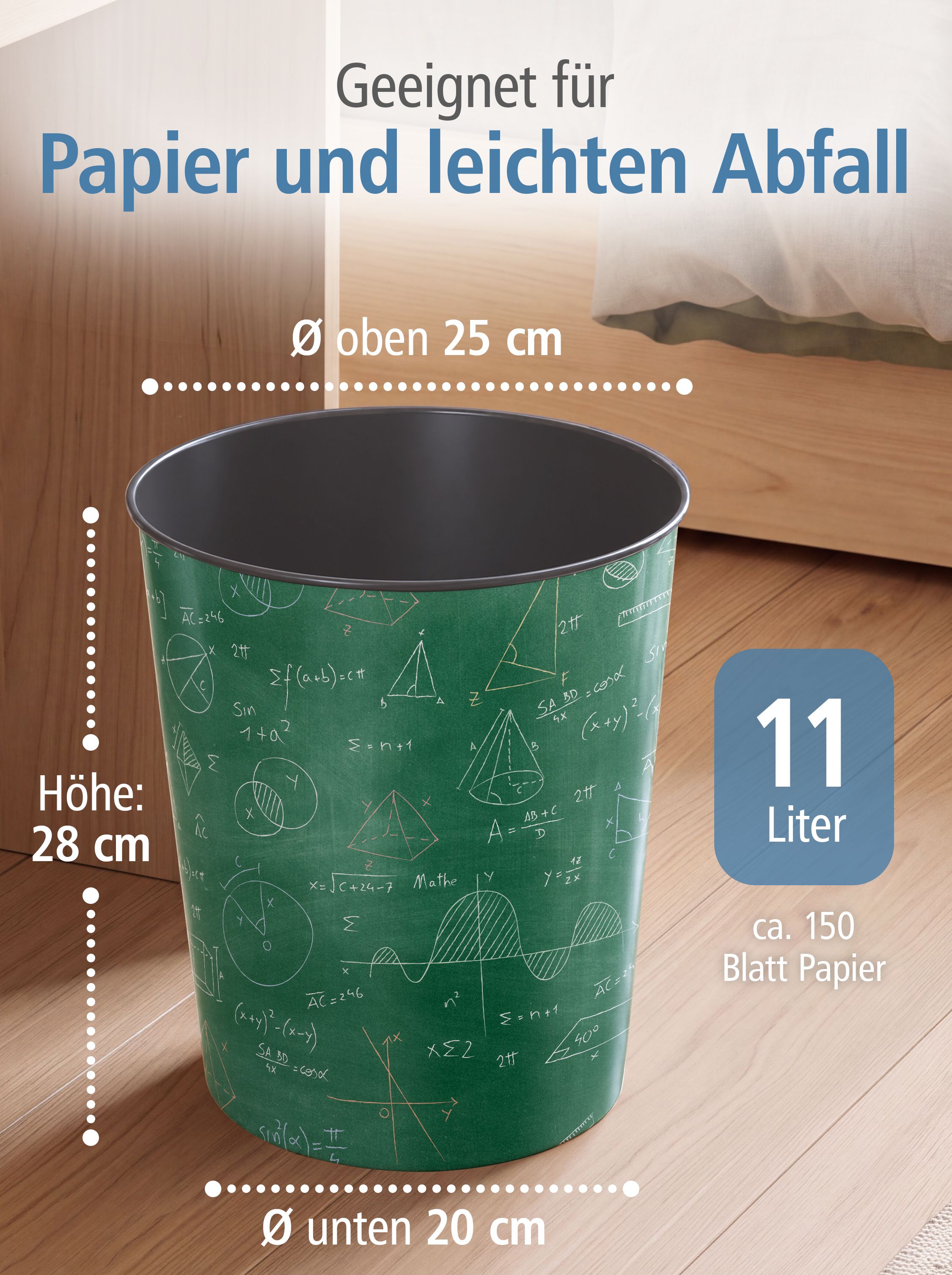 itenga Papierkorb f�r Kinder - Motiv Formeln - ca. 11 Liter