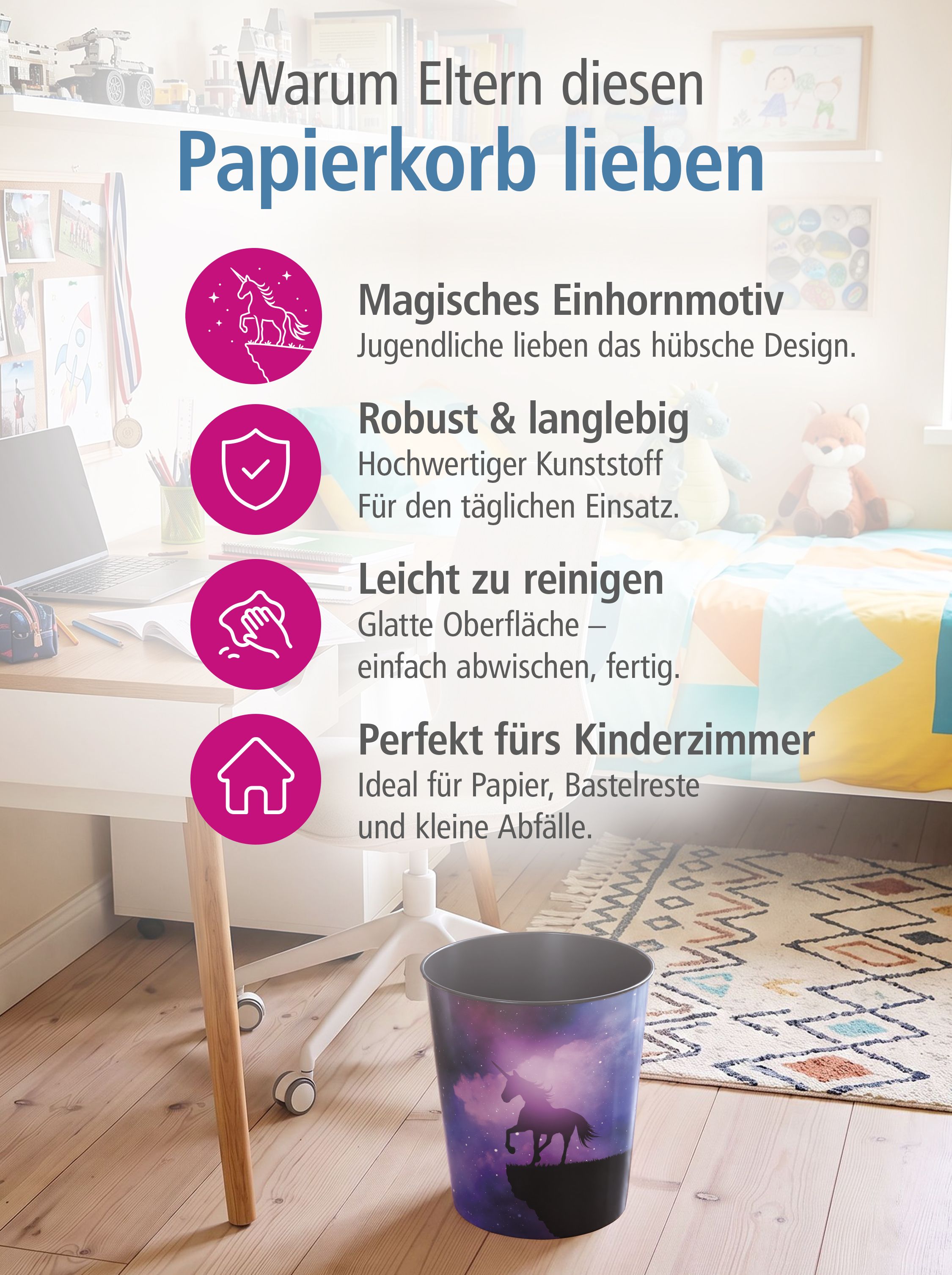 itenga Papierkorb f�r Kinder - Motiv magisches Einhorn ...