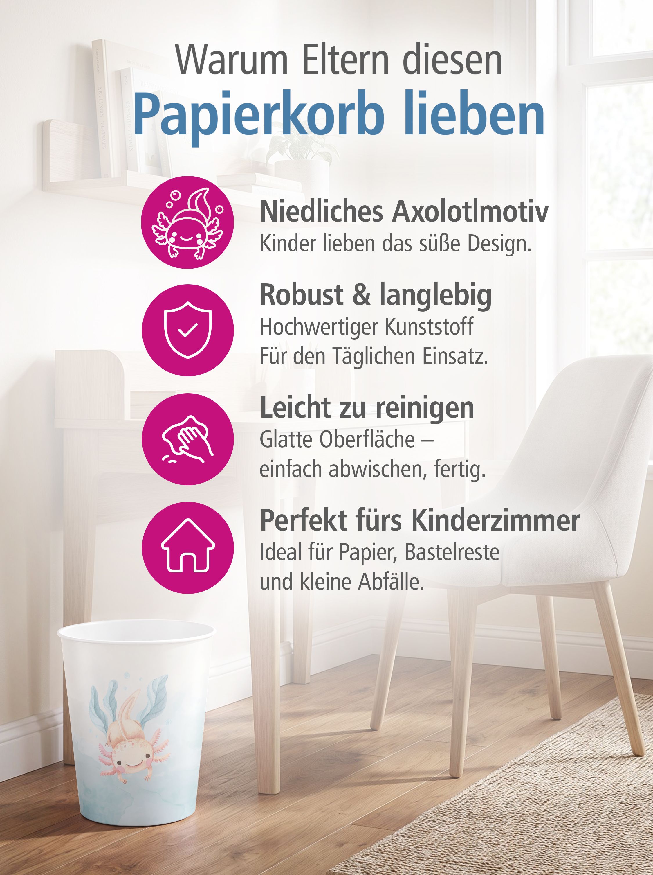 itenga Papierkorb f�r Kinder - Motiv Axolotl - ca. 11 L...