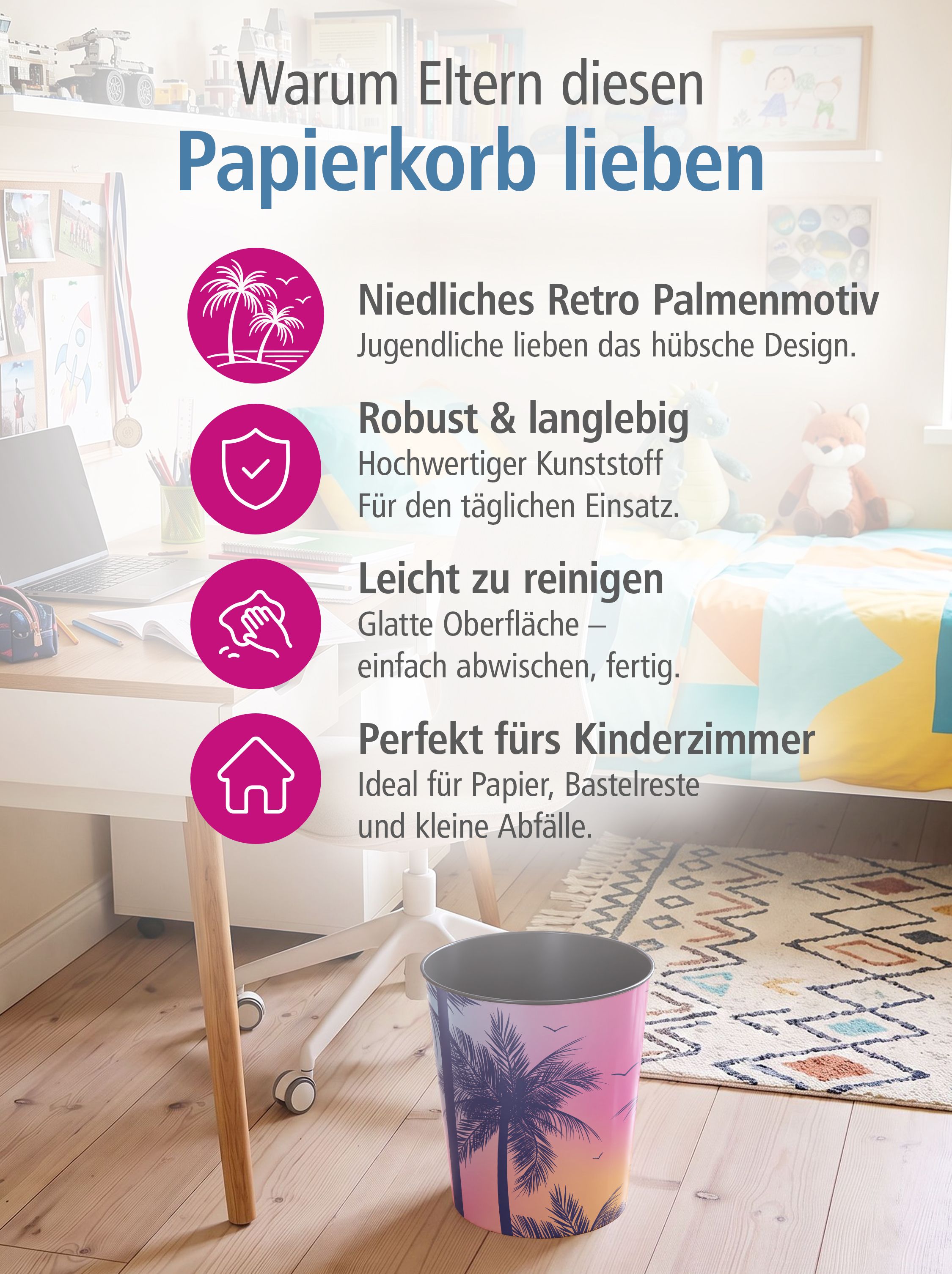 itenga Papierkorb - Motiv Retro Palmen - ca. 11 Liter