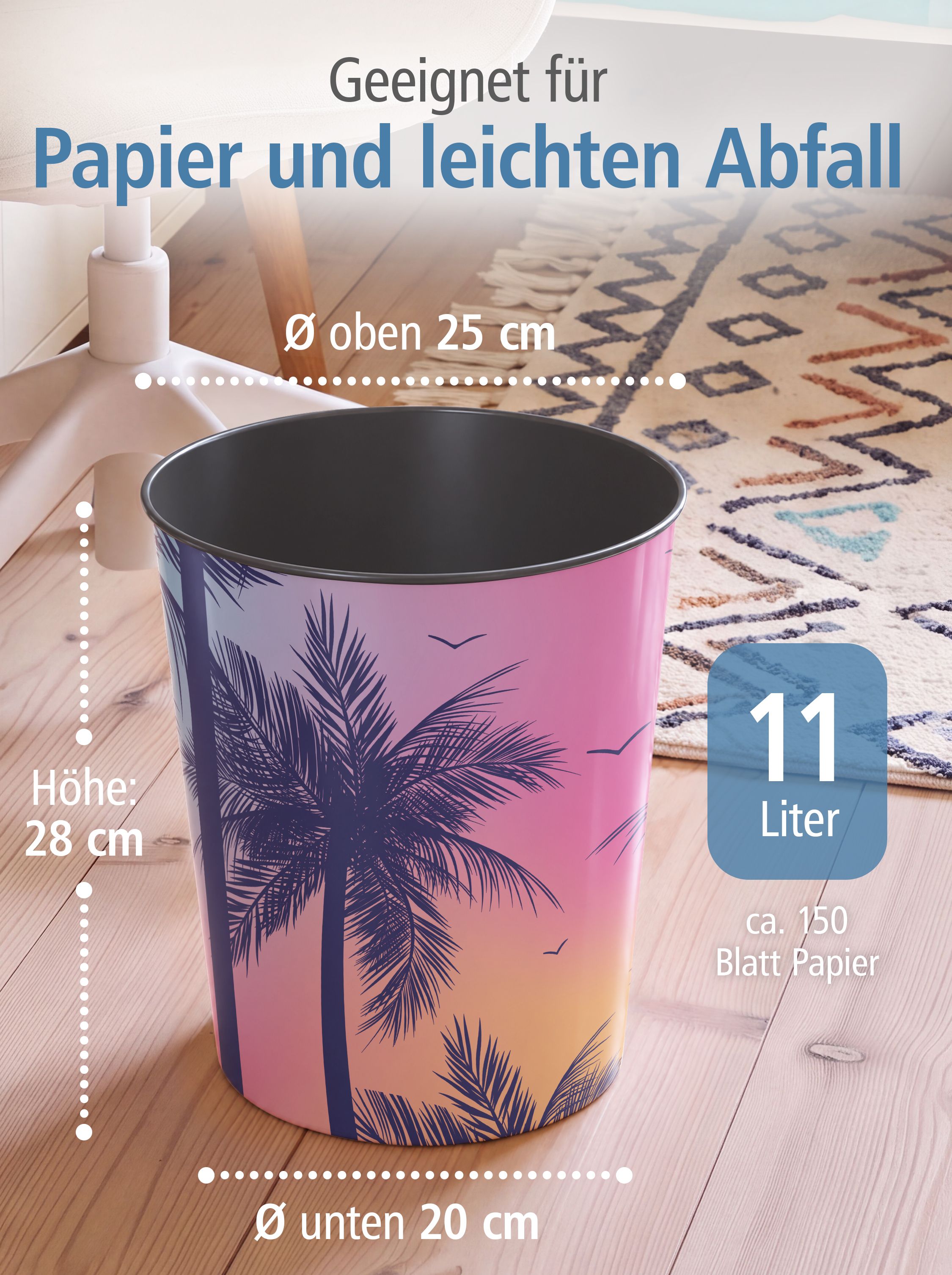 itenga Papierkorb - Motiv Retro Palmen - ca. 11 Liter
