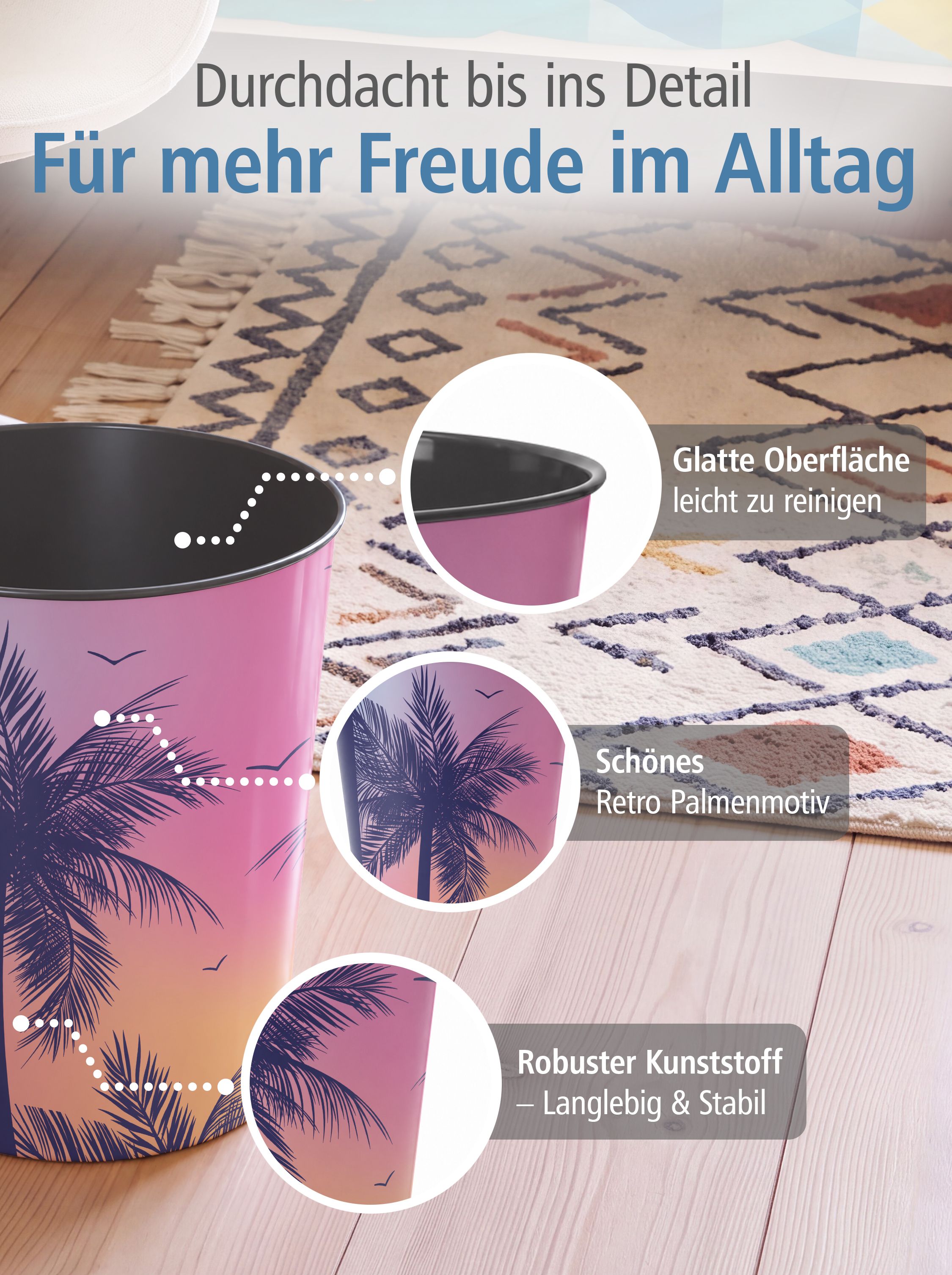 itenga Papierkorb - Motiv Retro Palmen - ca. 11 Liter