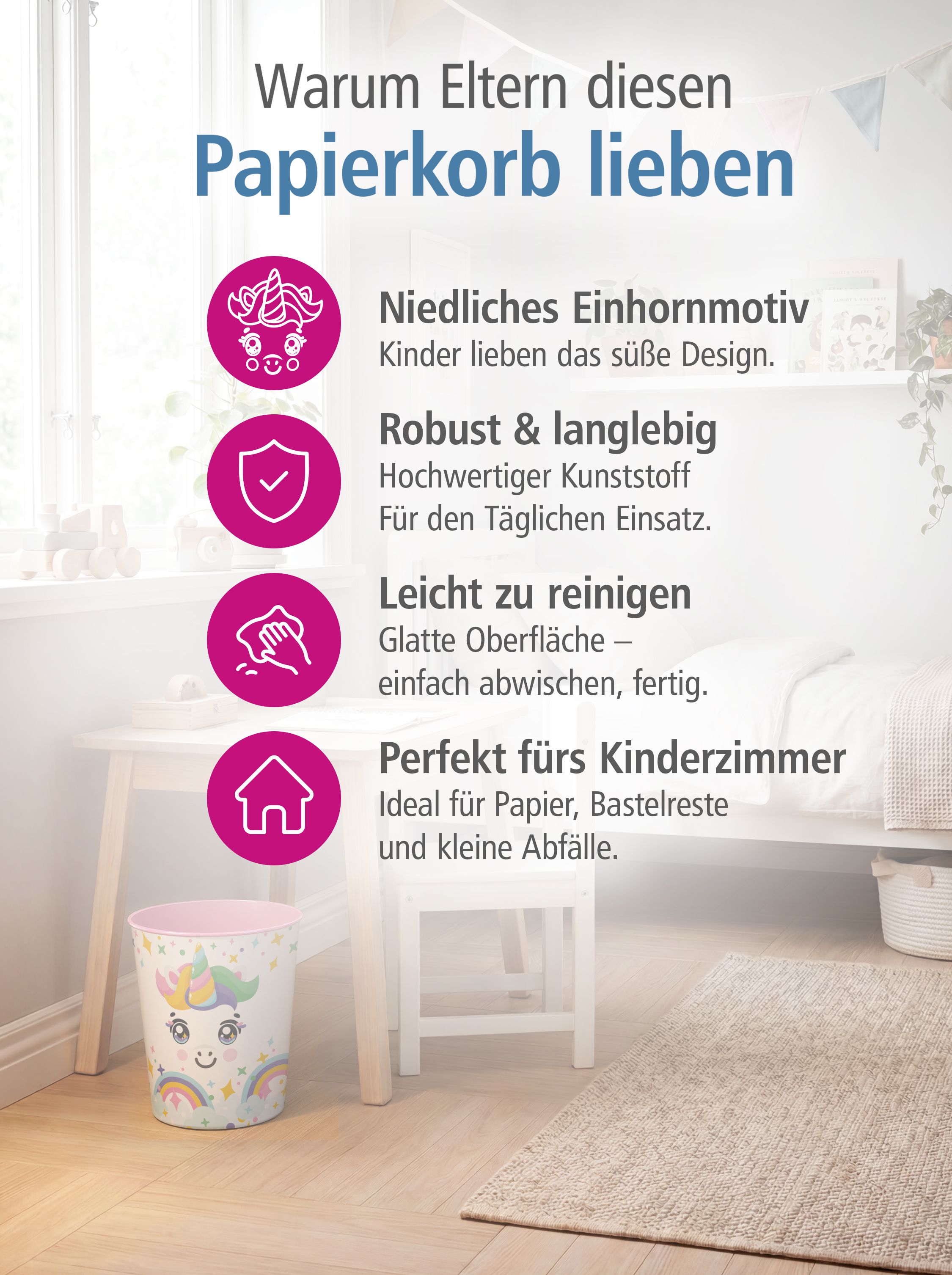 itenga Papierkorb Tiermotiv - EINHORN - Kawaii Design - ...