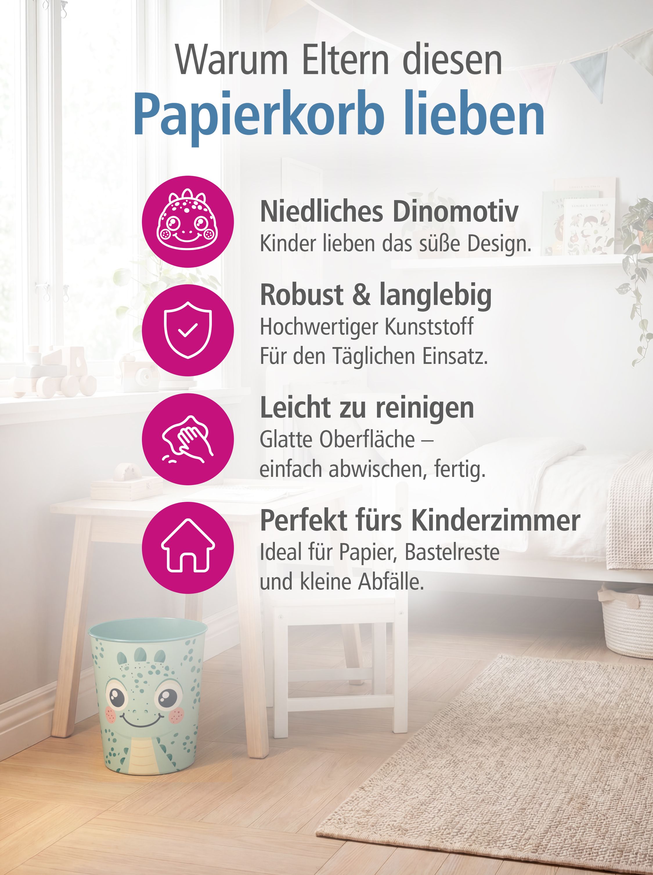 itenga Papierkorb Tiermotiv - DINO - Kawaii Design - ca ...