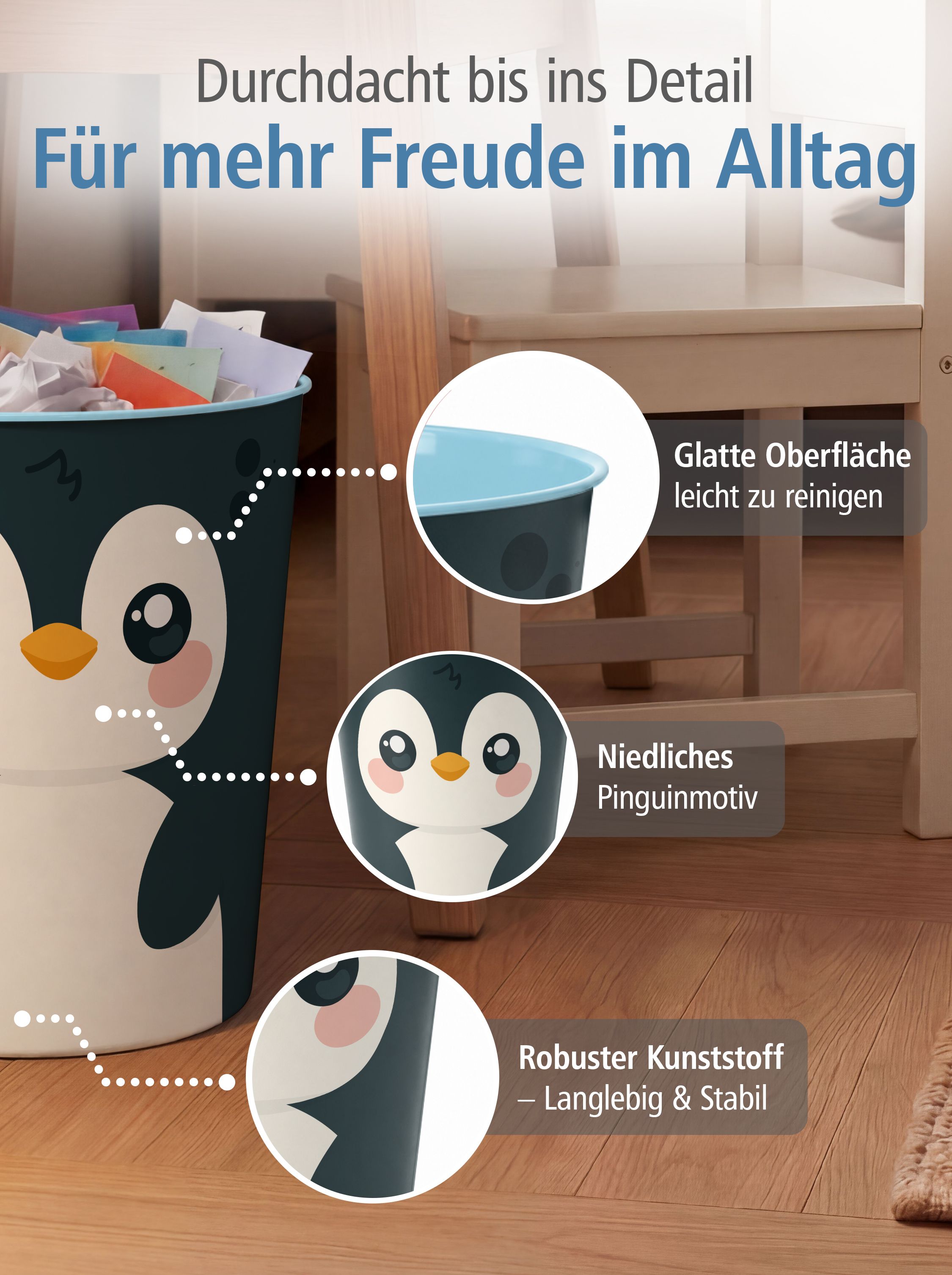 itenga Papierkorb Tiermotiv - PINGUIN - Kawaii Design - ...