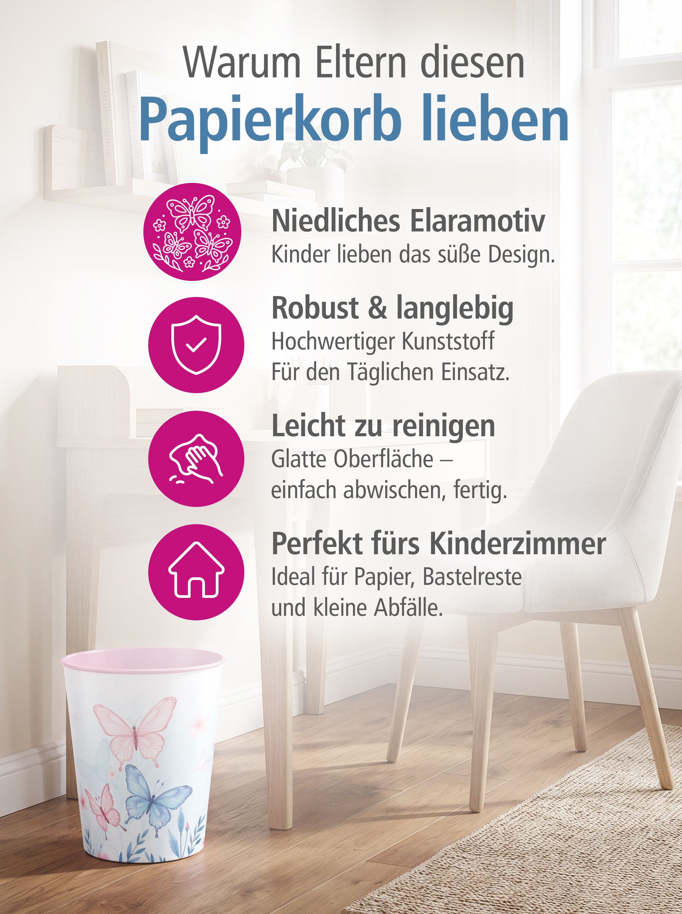 itenga Papierkorb f�r Kinder - Motiv Schmetterling - Ela...