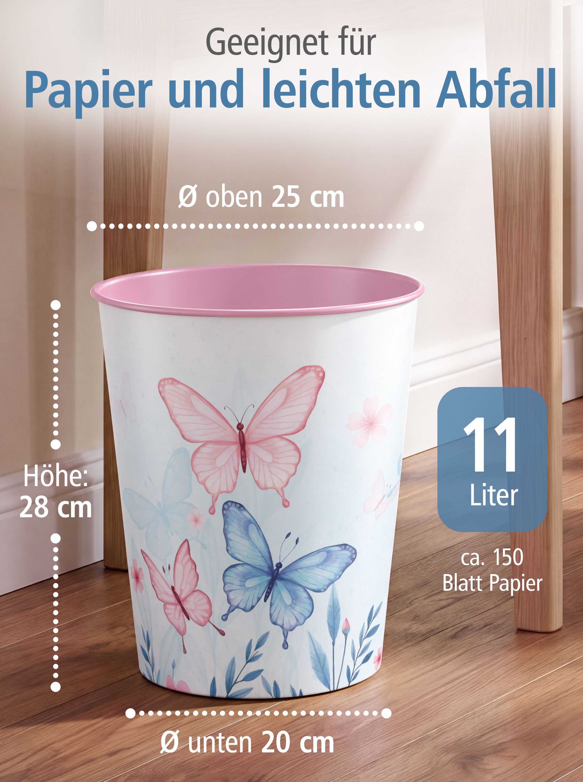 itenga Papierkorb f�r Kinder - Motiv Schmetterling - Ela...