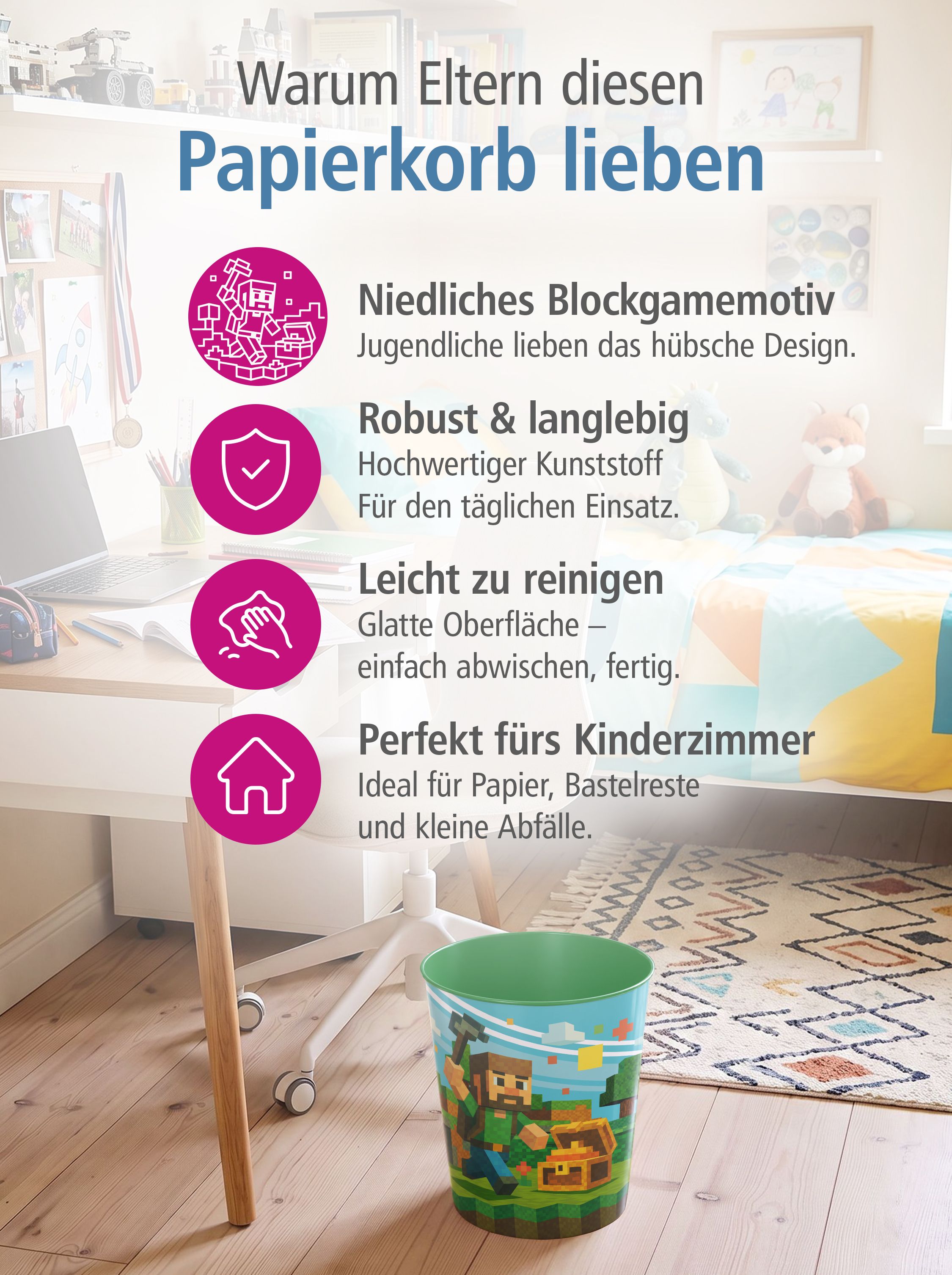 itenga Papierkorb f�r Kinder - Motiv BLOCKGAME - ca. 11 ...