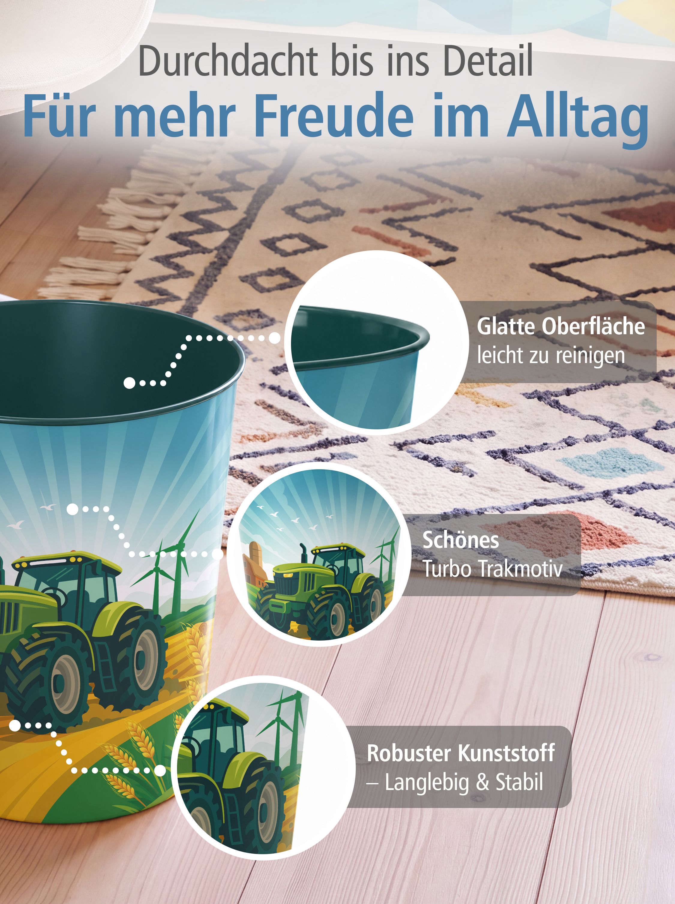 itenga Papierkorb f�r Kinder - Motiv Traktor TURBO TRAK ...