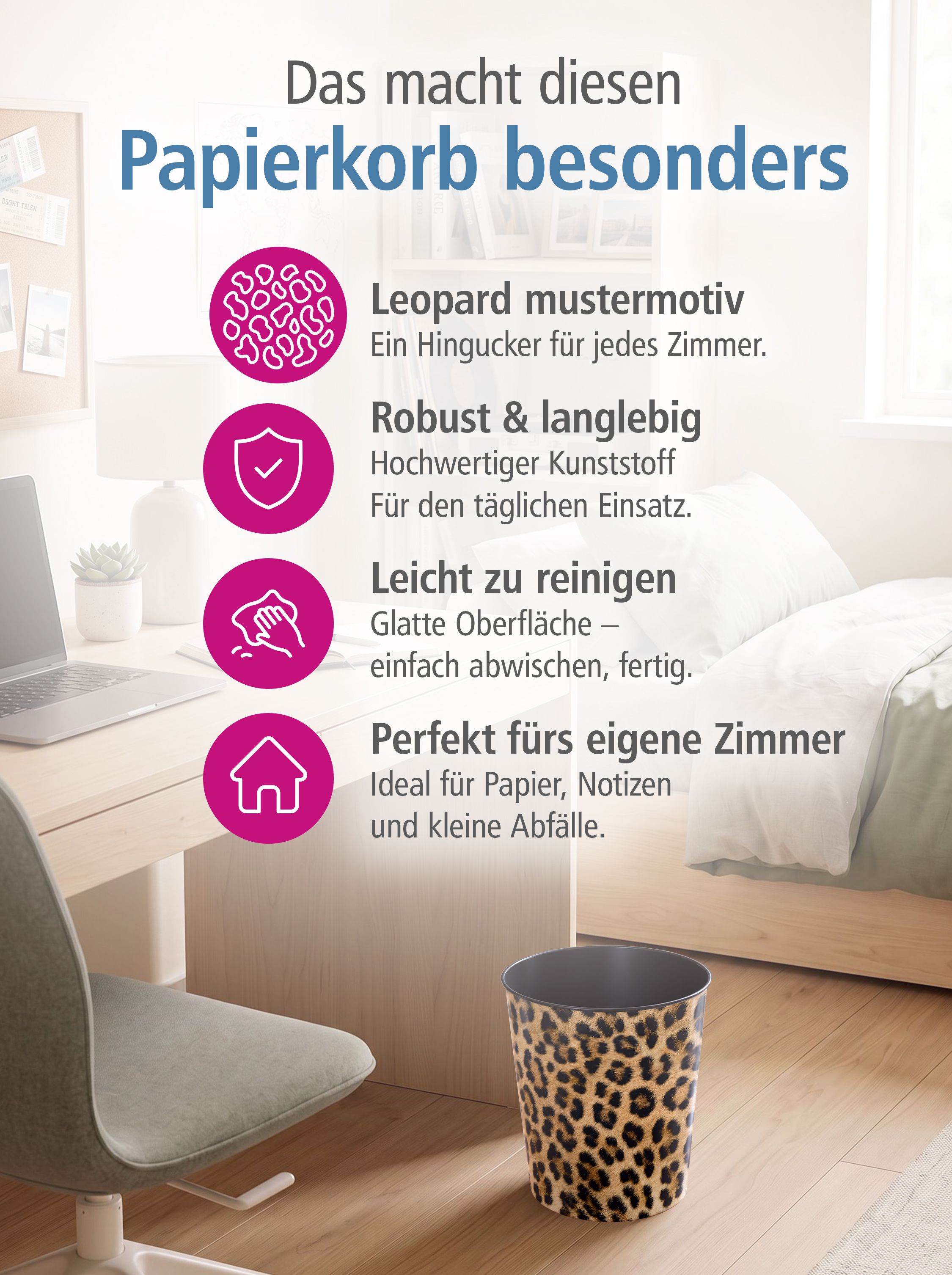 itenga Papierkorb - Motiv LEOPARD Muster - ca. 11 Liter