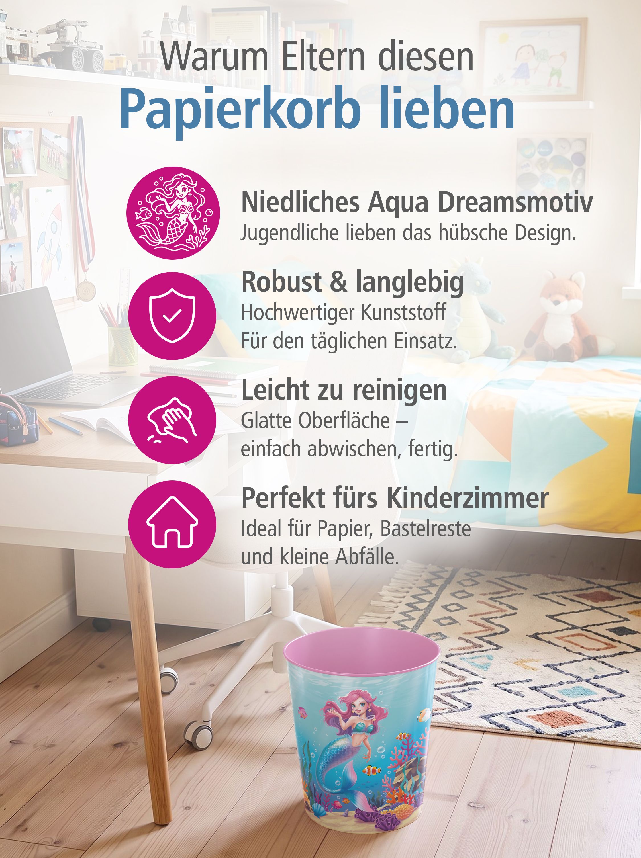 itenga Papierkorb f�r Kinder - Motiv Meerjungfrau - AQUA...