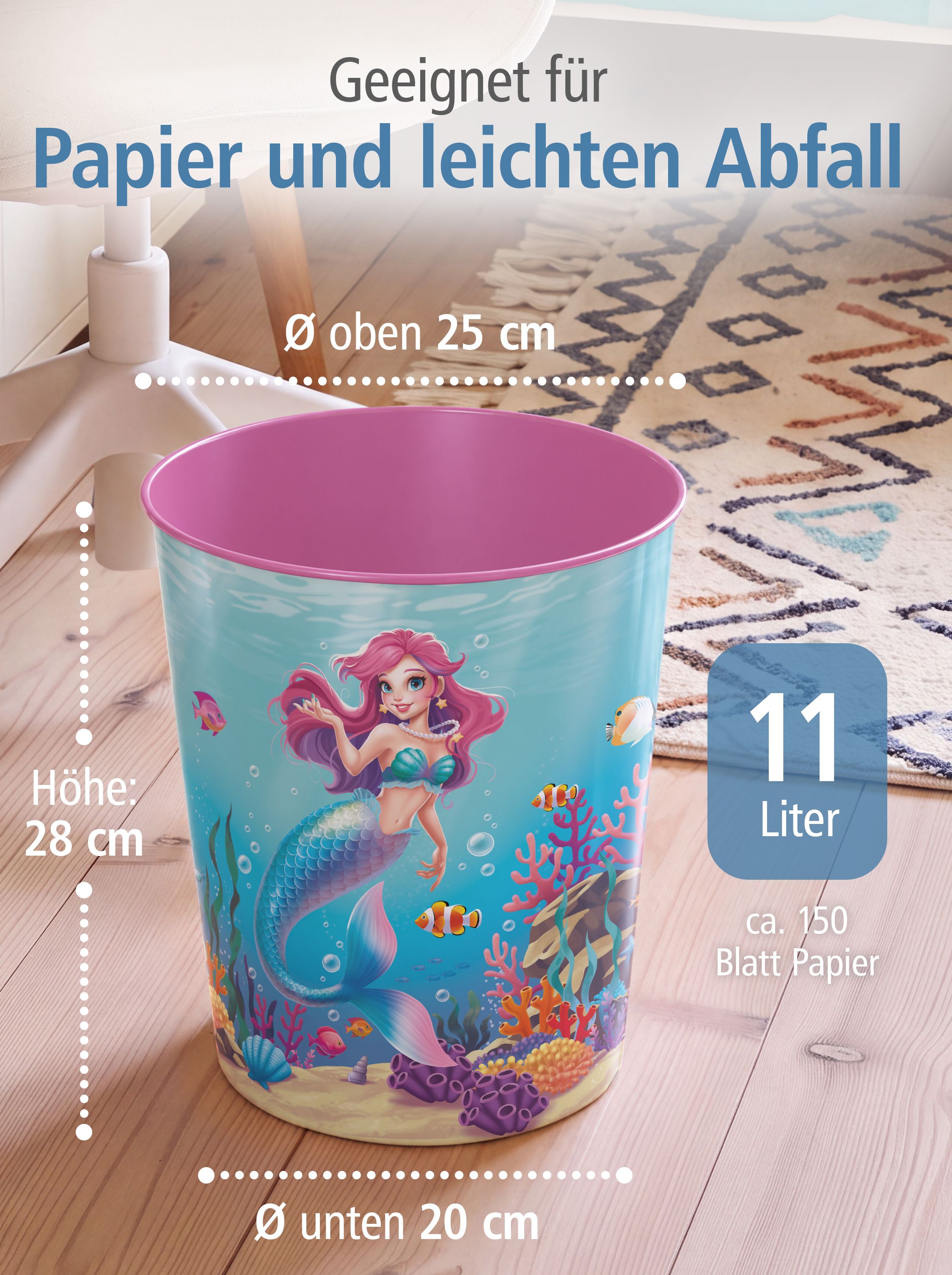 itenga Papierkorb f�r Kinder - Motiv Meerjungfrau - AQUA...
