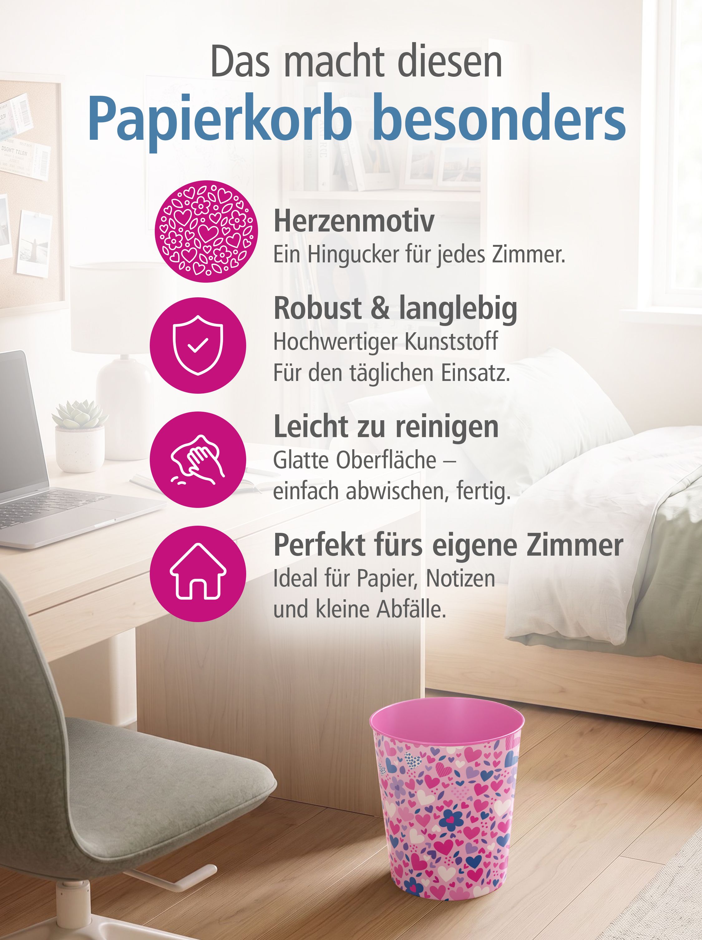 itenga Papierkorb ca. 11 Liter - Motiv HERZEN