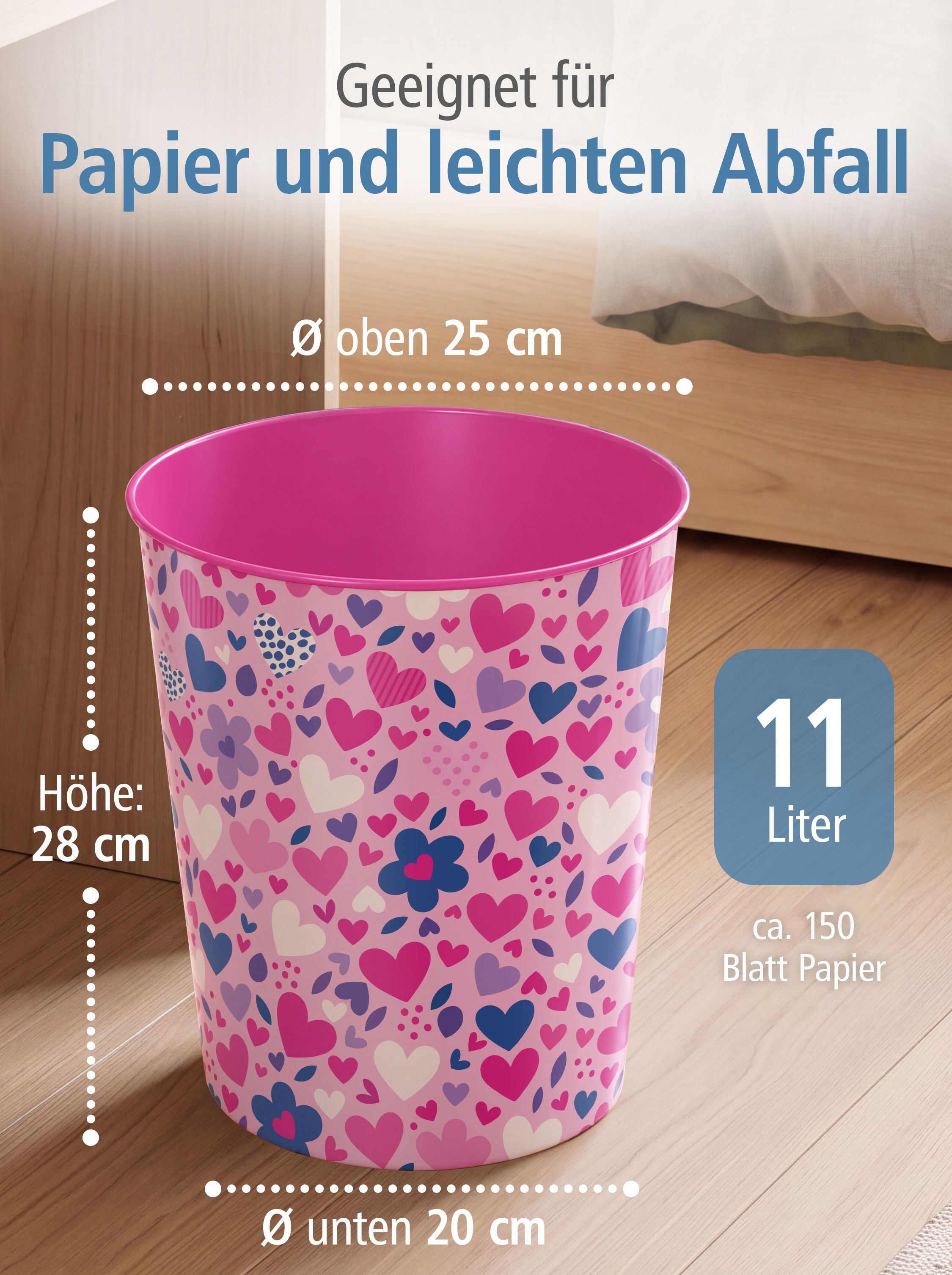 itenga Papierkorb ca. 11 Liter - Motiv HERZEN