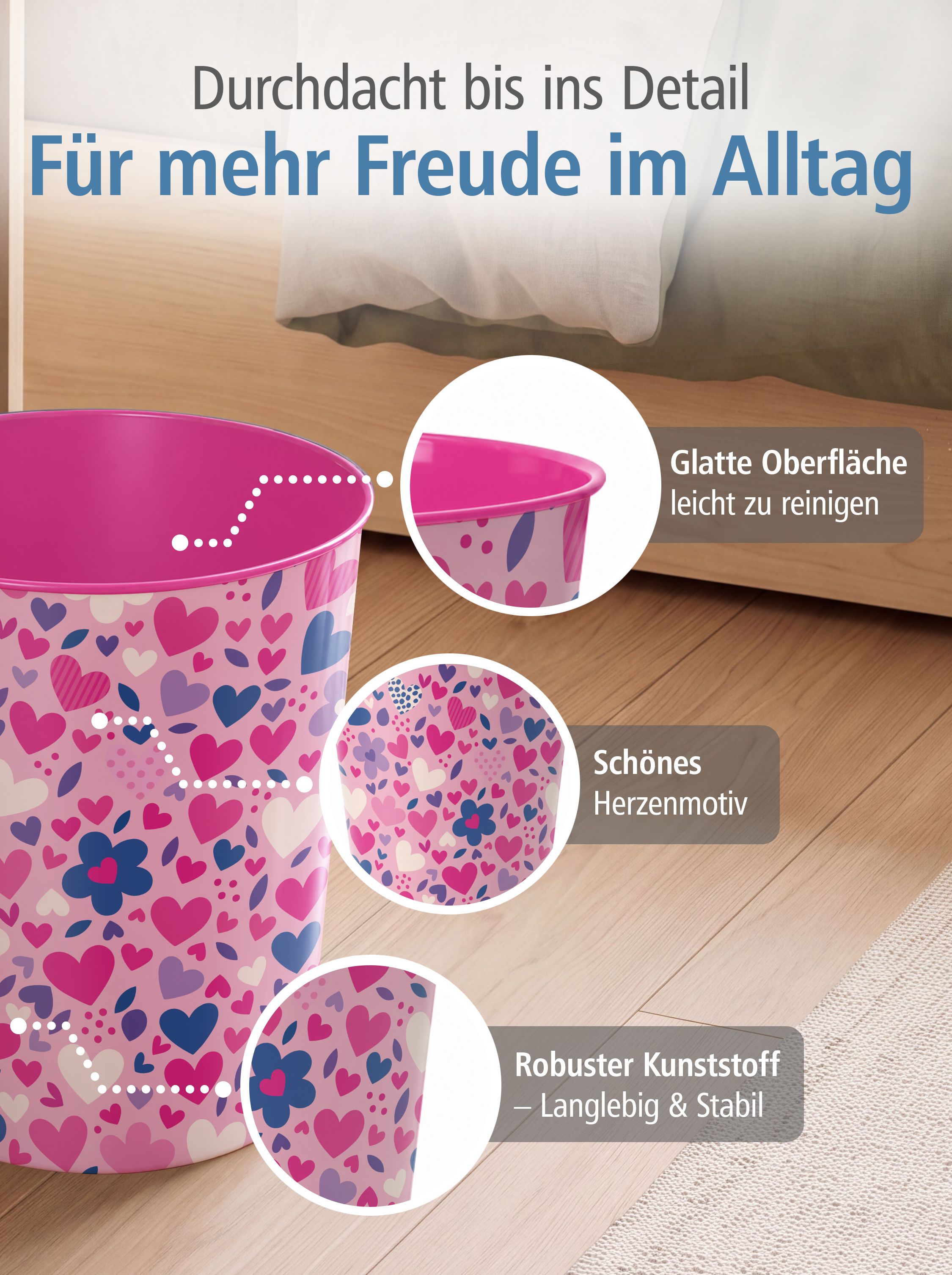 itenga Papierkorb ca. 11 Liter - Motiv HERZEN