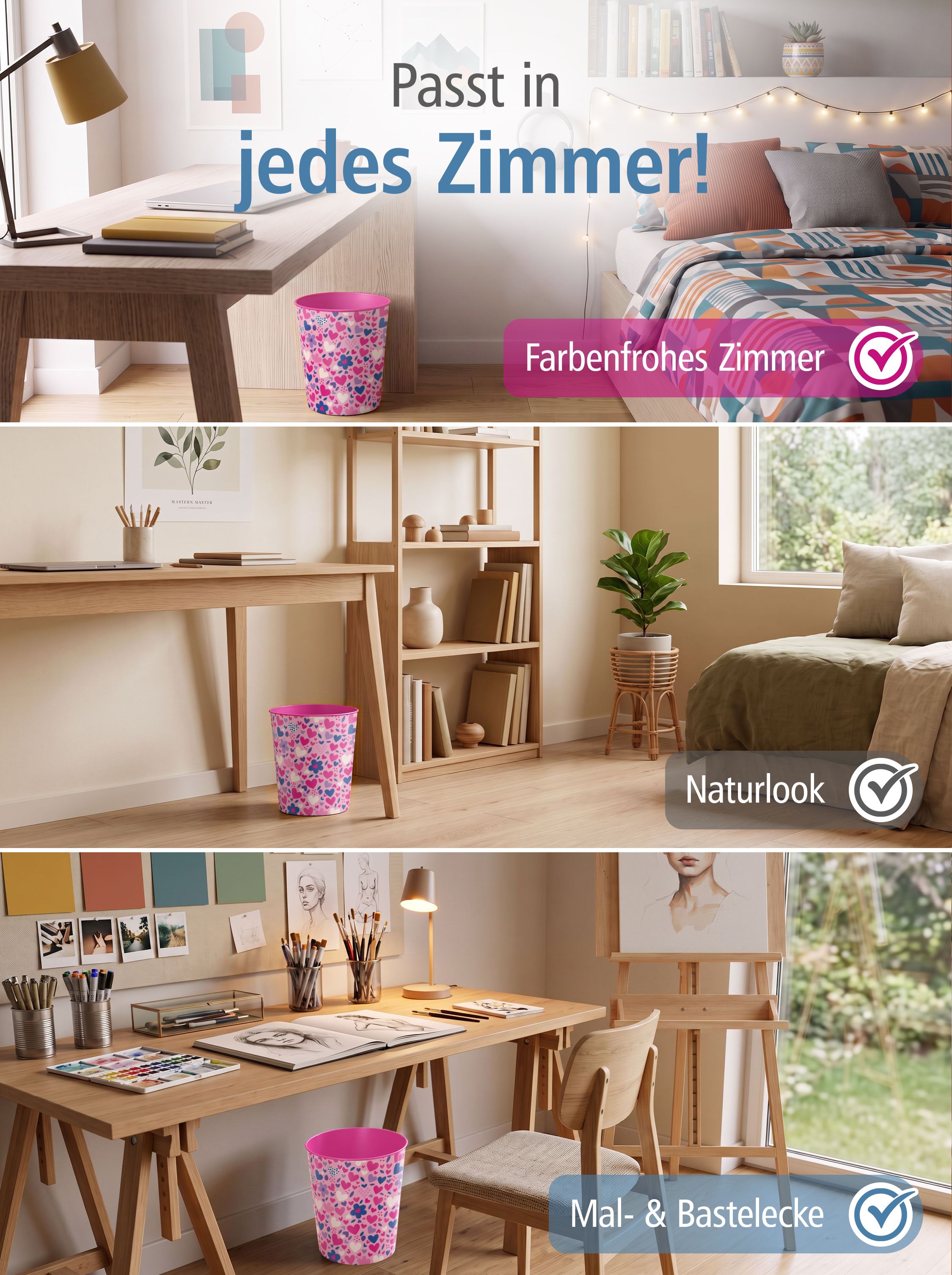 itenga Papierkorb ca. 11 Liter - Motiv HERZEN