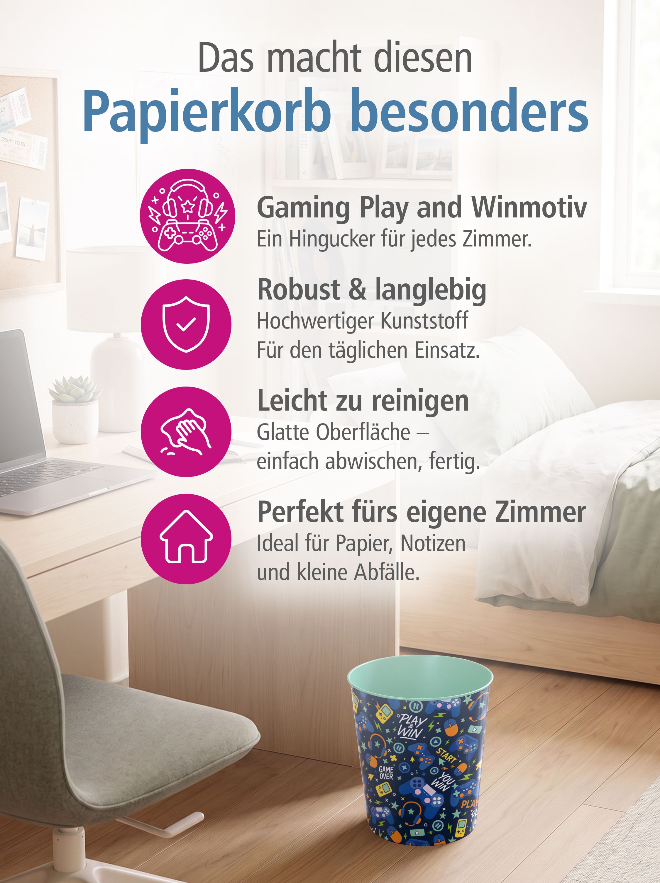 itenga Papierkorb ca. 11 Liter - Motiv GAMING Play and Win