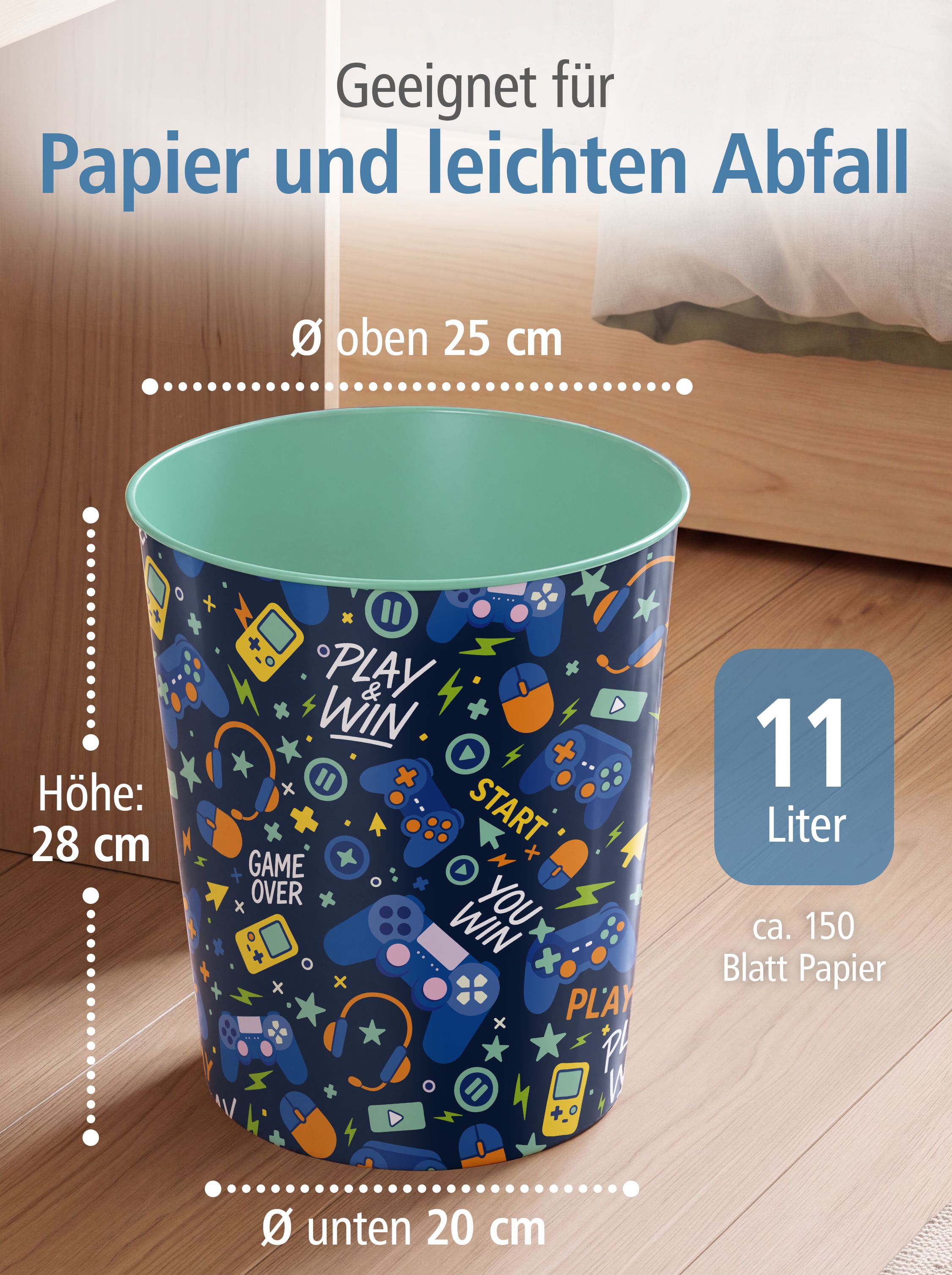 itenga Papierkorb ca. 11 Liter - Motiv GAMING Play and Win