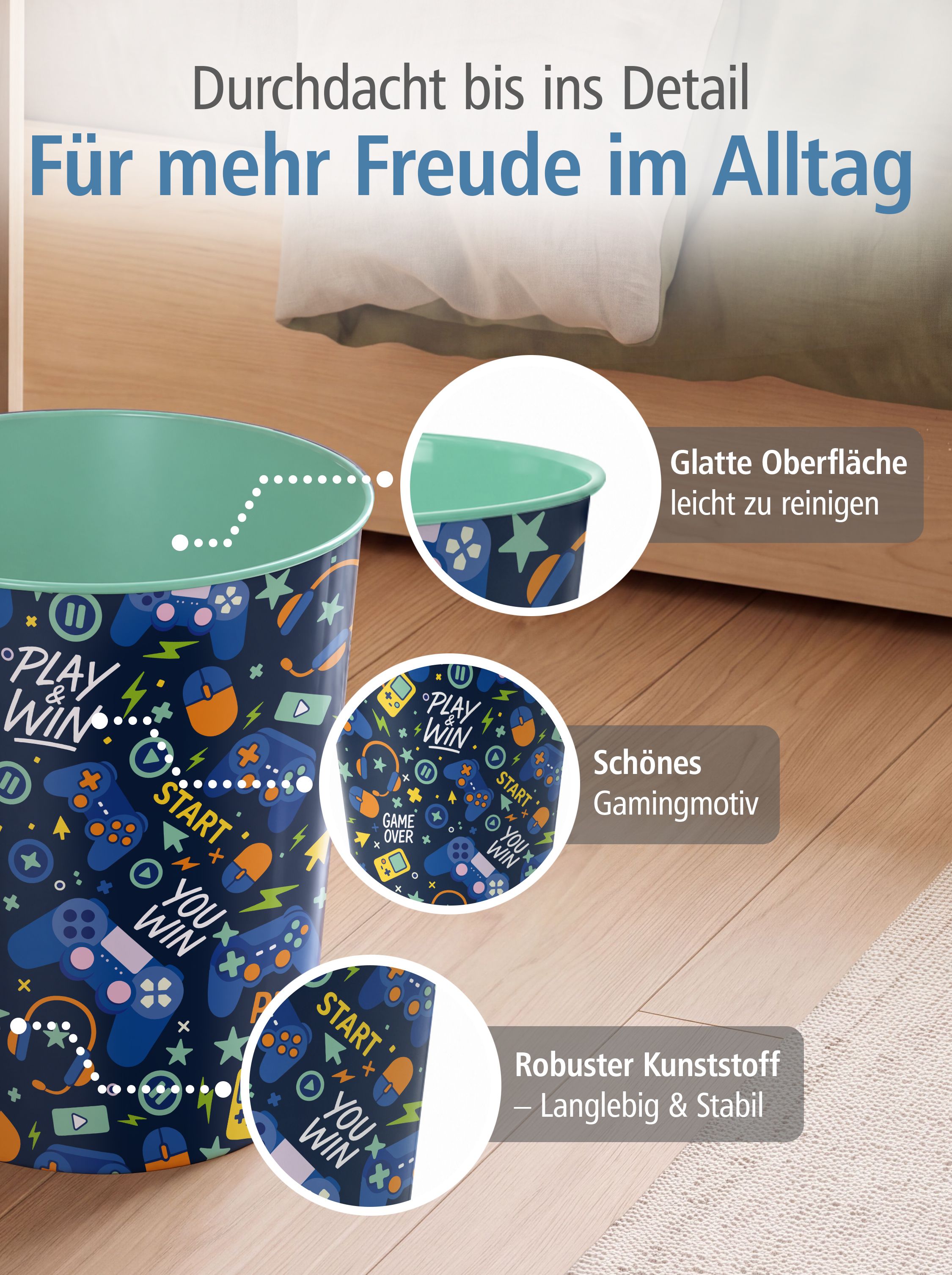 itenga Papierkorb ca. 11 Liter - Motiv GAMING Play and Win