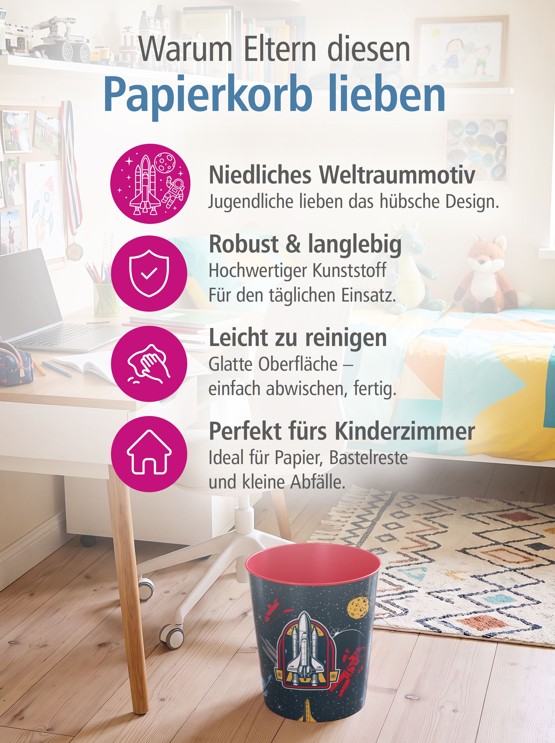 itenga Papierkorb ca. 11 Liter - Motiv WELTRAUM