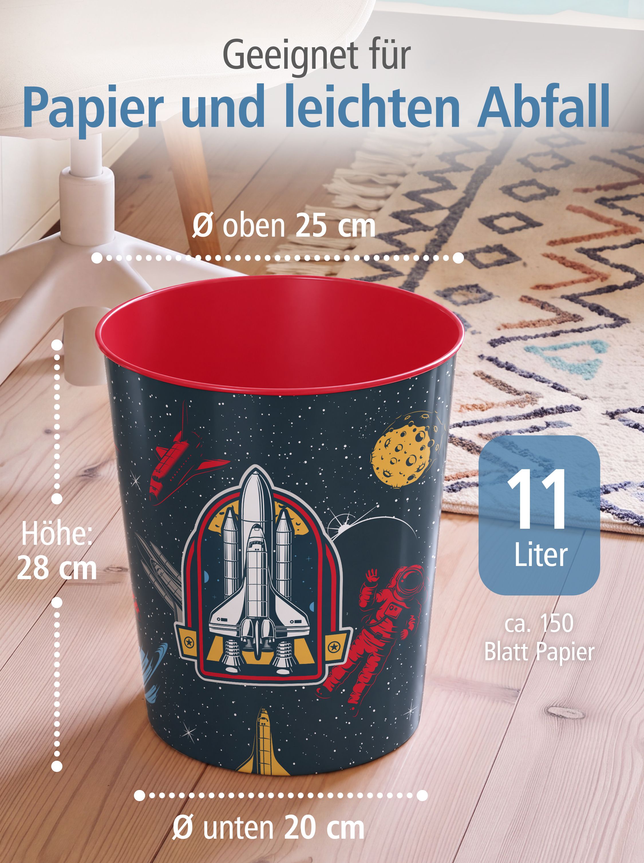 itenga Papierkorb ca. 11 Liter - Motiv WELTRAUM
