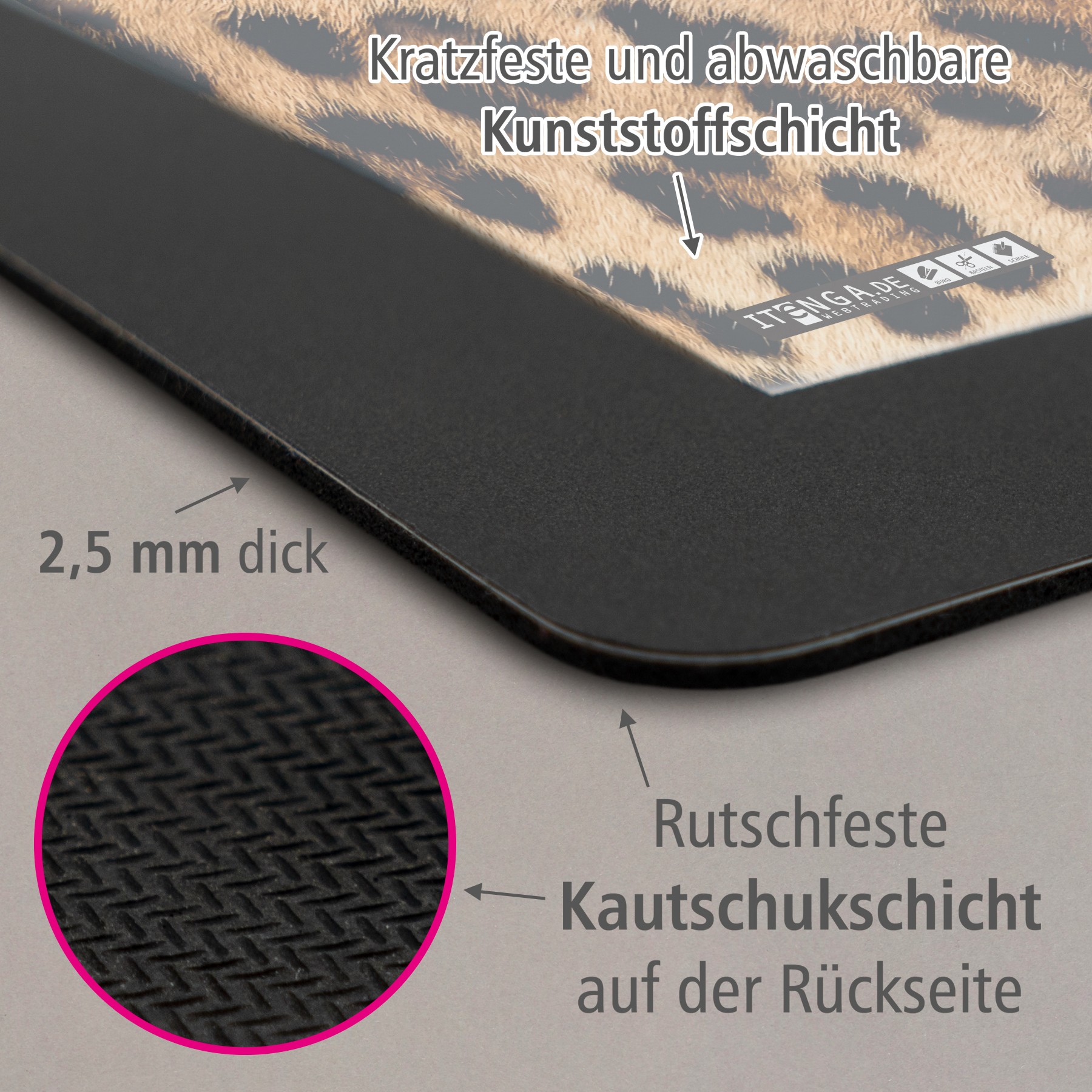 ITENGA Mauspad LEOPARD Muster 21 x 18 cm Kunststoff ruts...