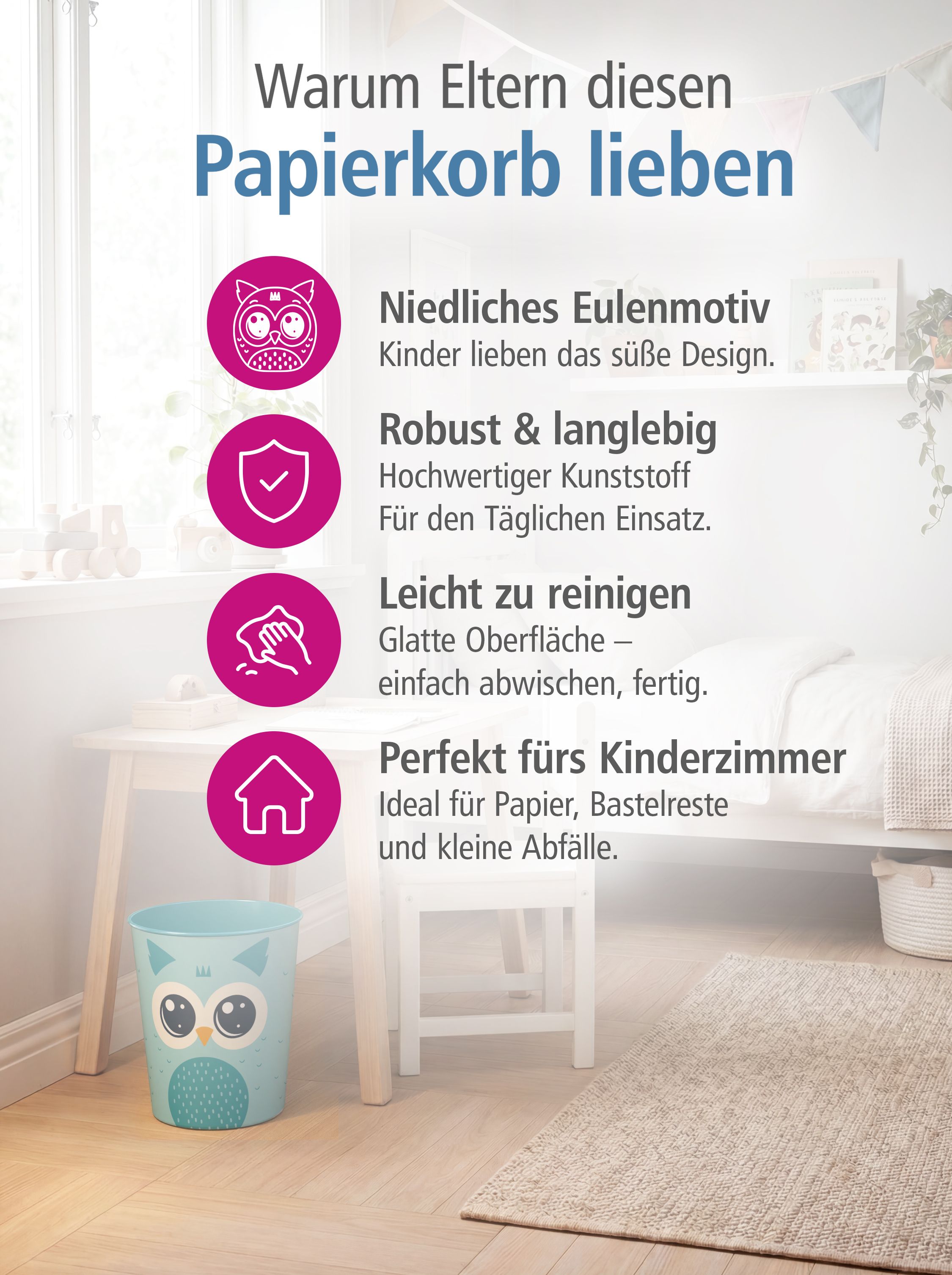 itenga Papierkorb Tiermotiv - EULE - Kawaii Design- ca 1...