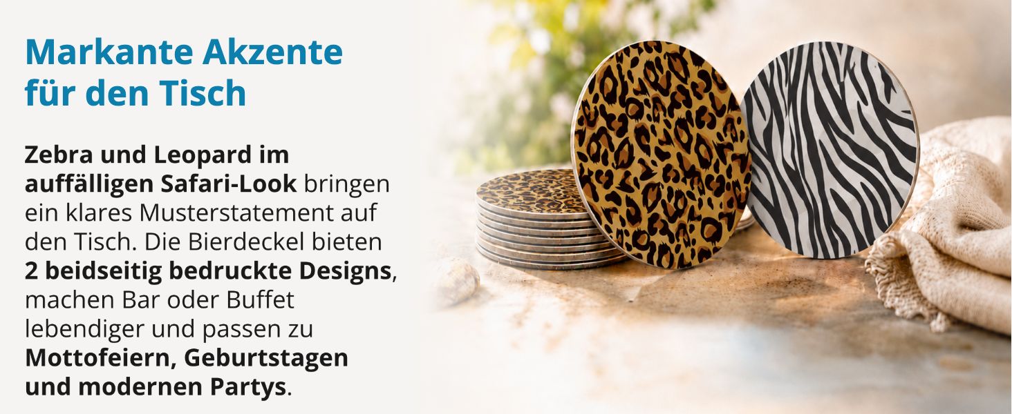 itenga 40x Bierdeckel rund Tiermuster Zebra und Leopard