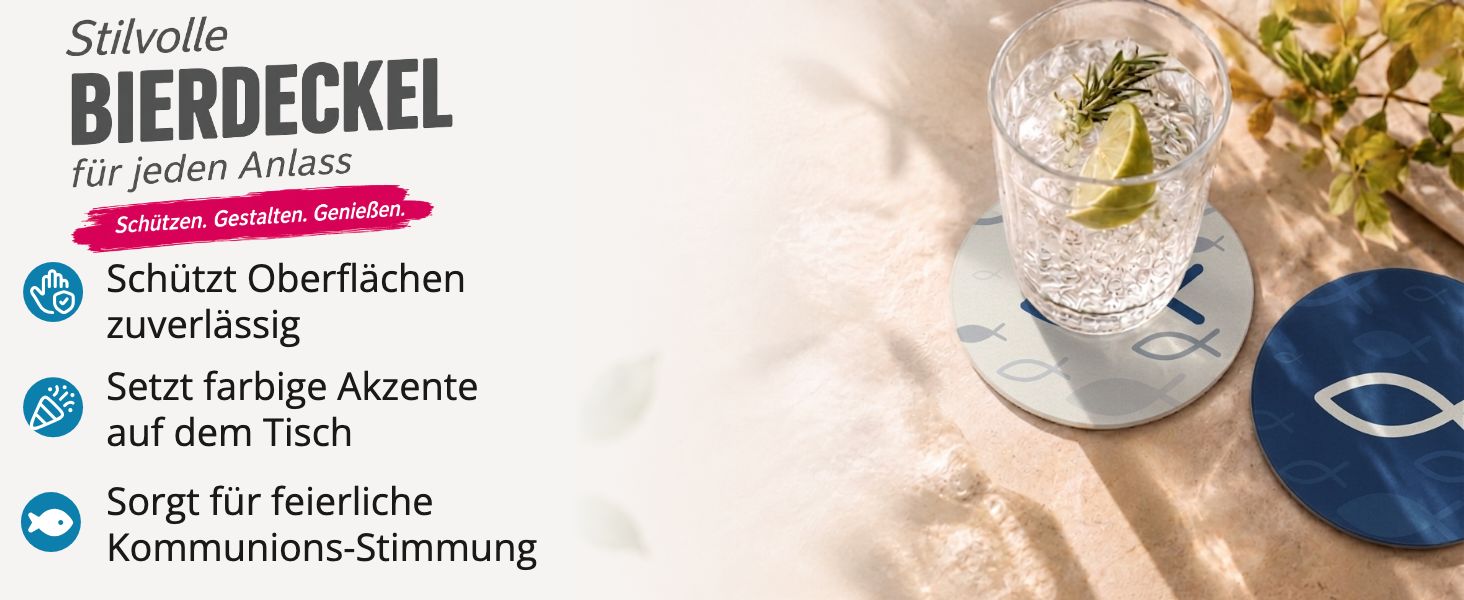 itenga 40x Bierdeckel rund Fisch blau f�r Kommunion Konf...