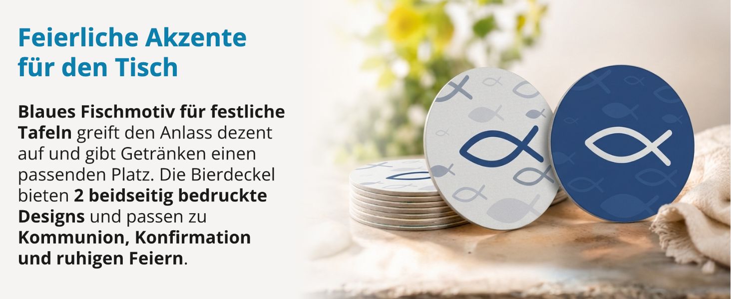 itenga 40x Bierdeckel rund Fisch blau f�r Kommunion Konf...