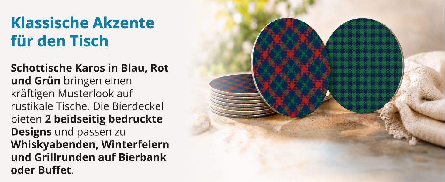 itenga 40x Bierdeckel rund Schottische Karos blau rot gr�n