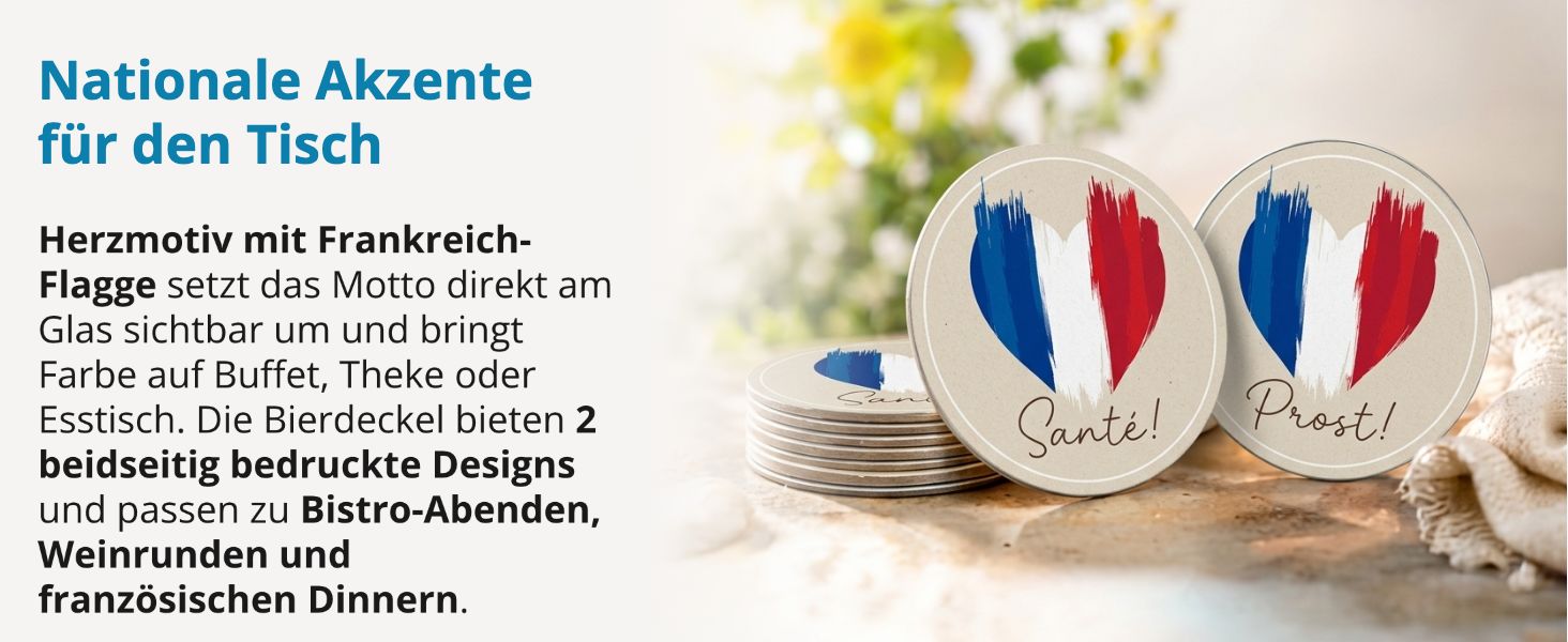 itenga 40x Bierdeckel Untersetzer Herz Flagge FRANKREICH