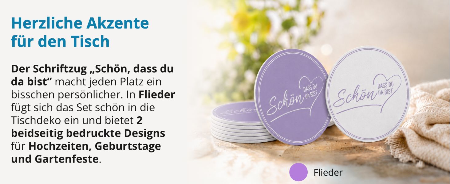 ITENGA 40x Bierdeckel rund Sch�n dass du da bist V2 flieder