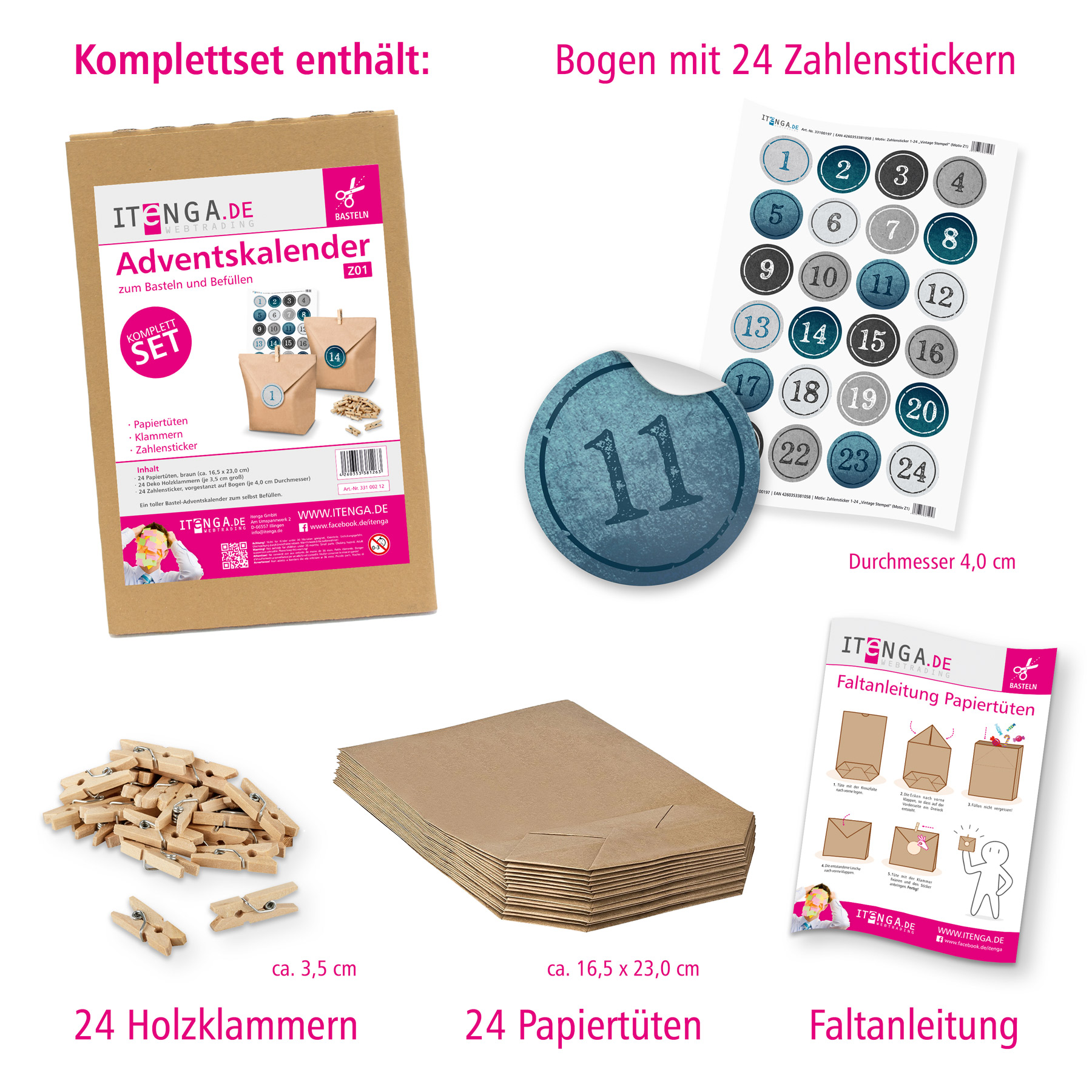 Basteladventskalender Set - Set 1 blaue Farbt�ne Sticke...