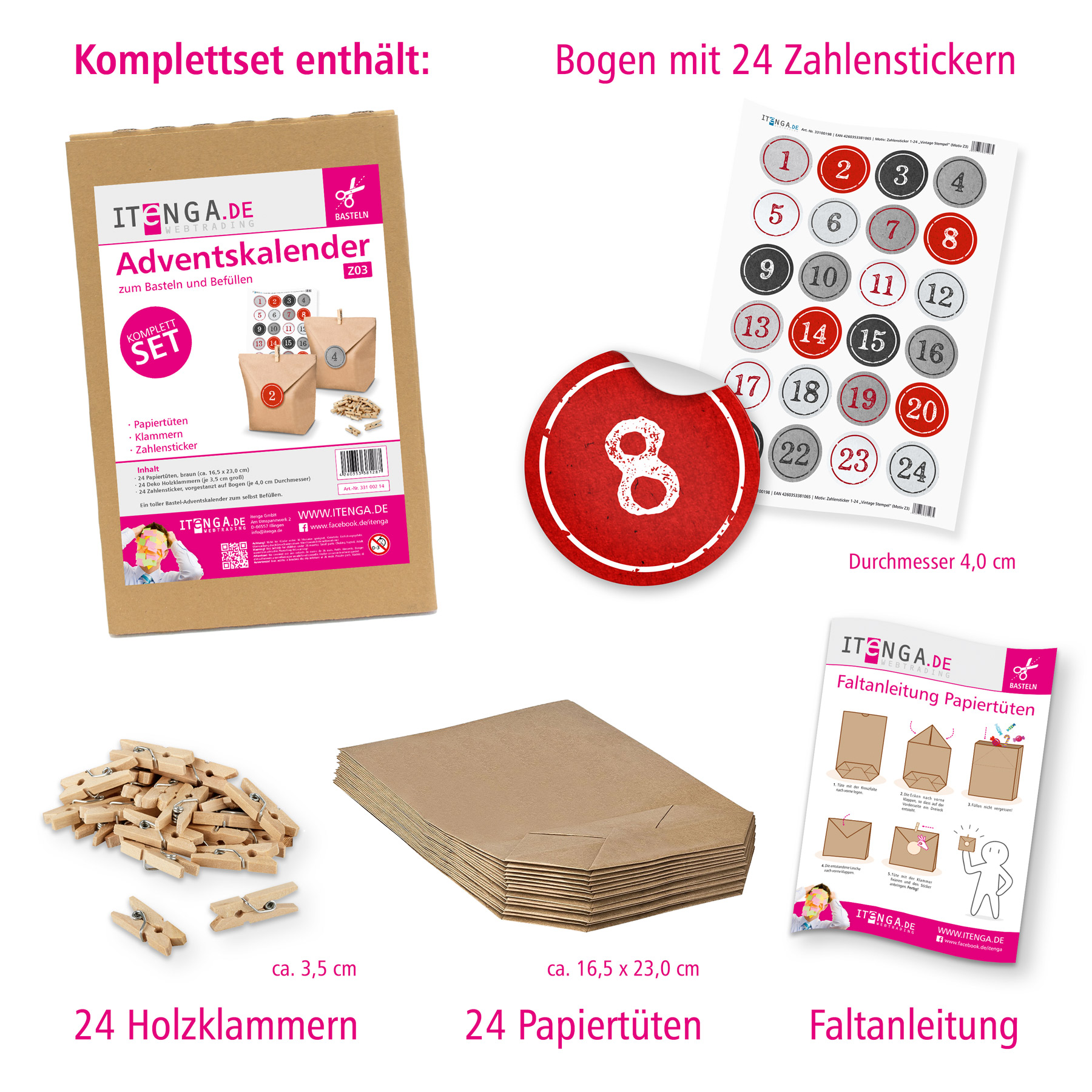 Basteladventskalender Set - Set 3 rot graue Sticker im S...