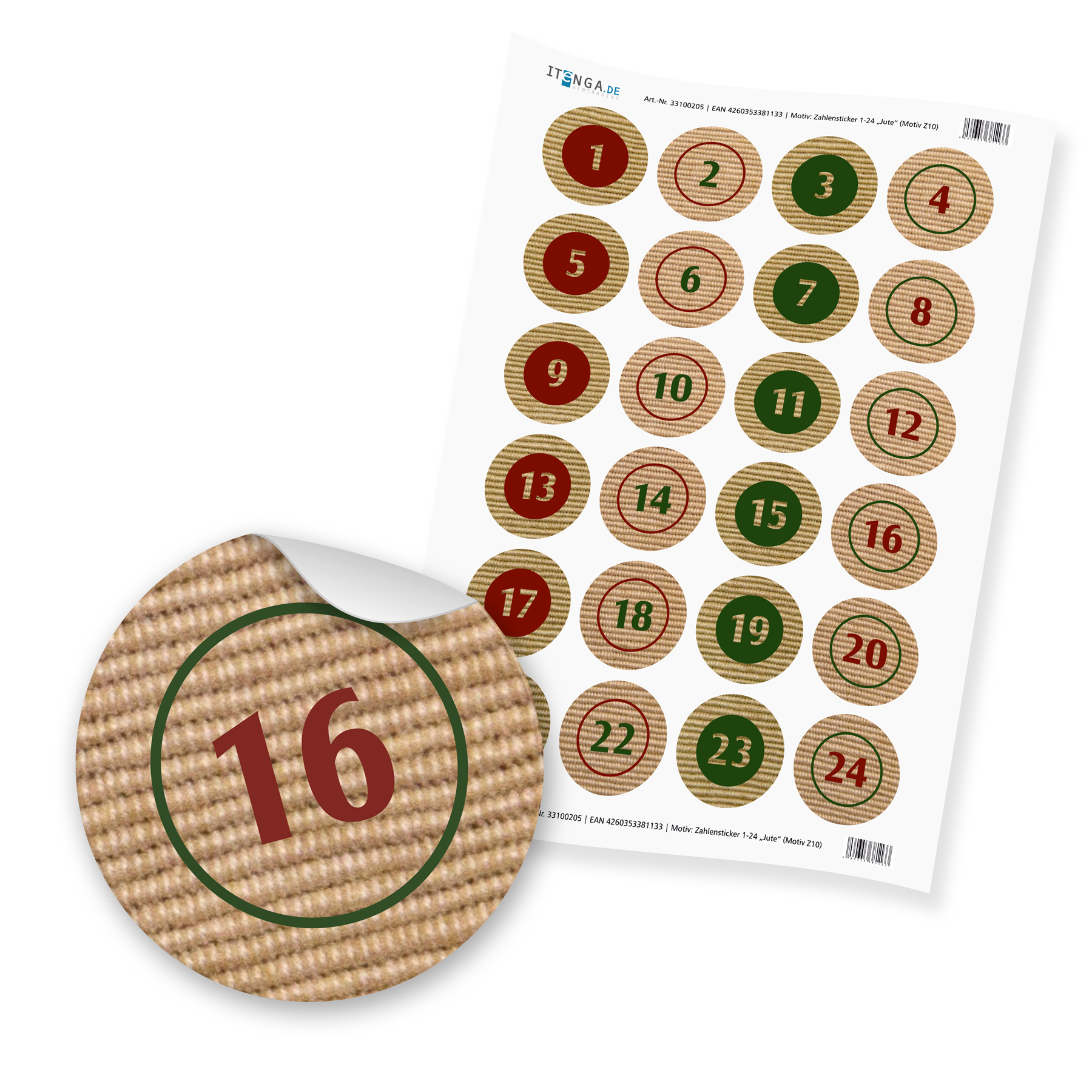 Basteladventskalender Set - Set 10 Sticker Jute Design