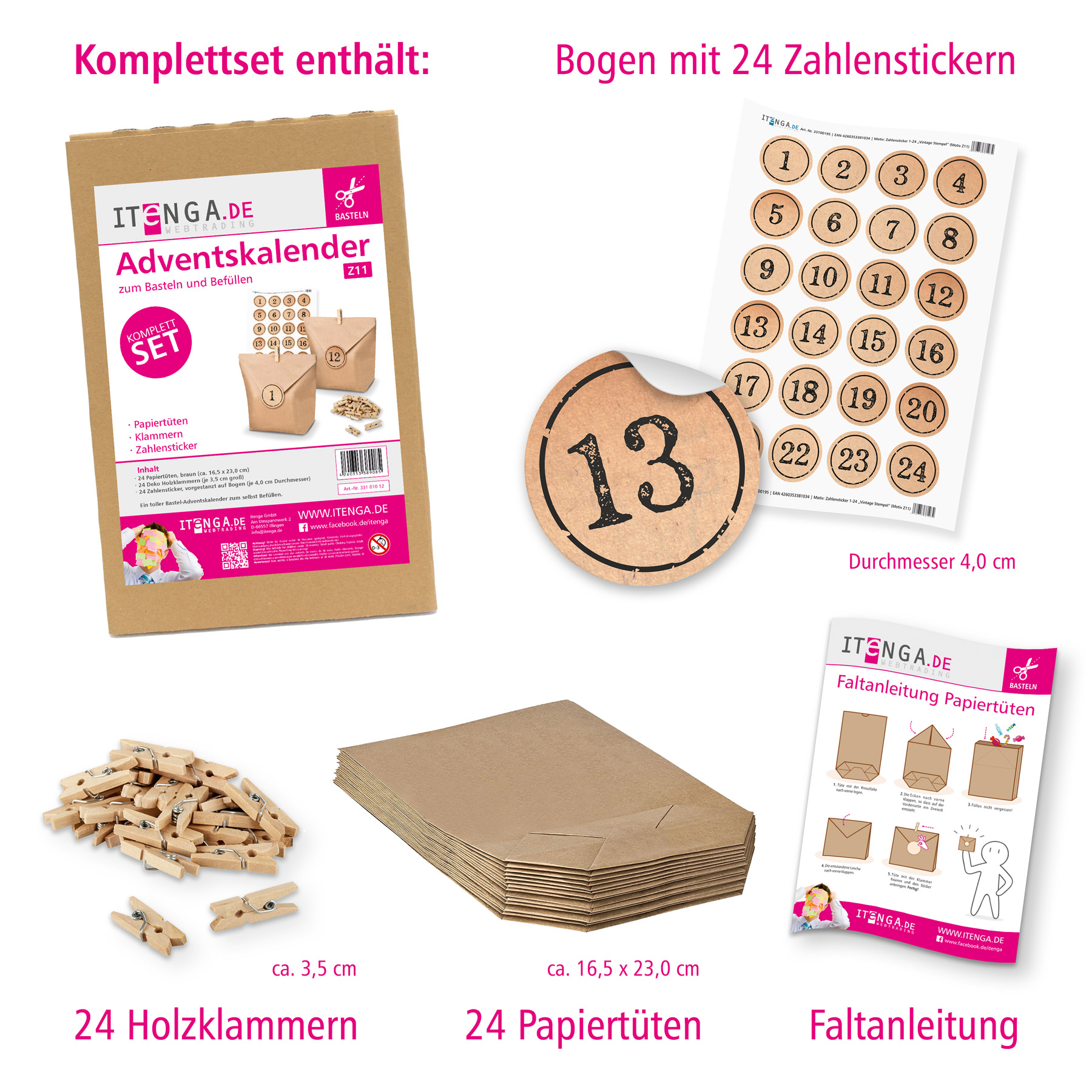Adventskalender Set 11 Geschenkt�ten + Klammern + Sticker